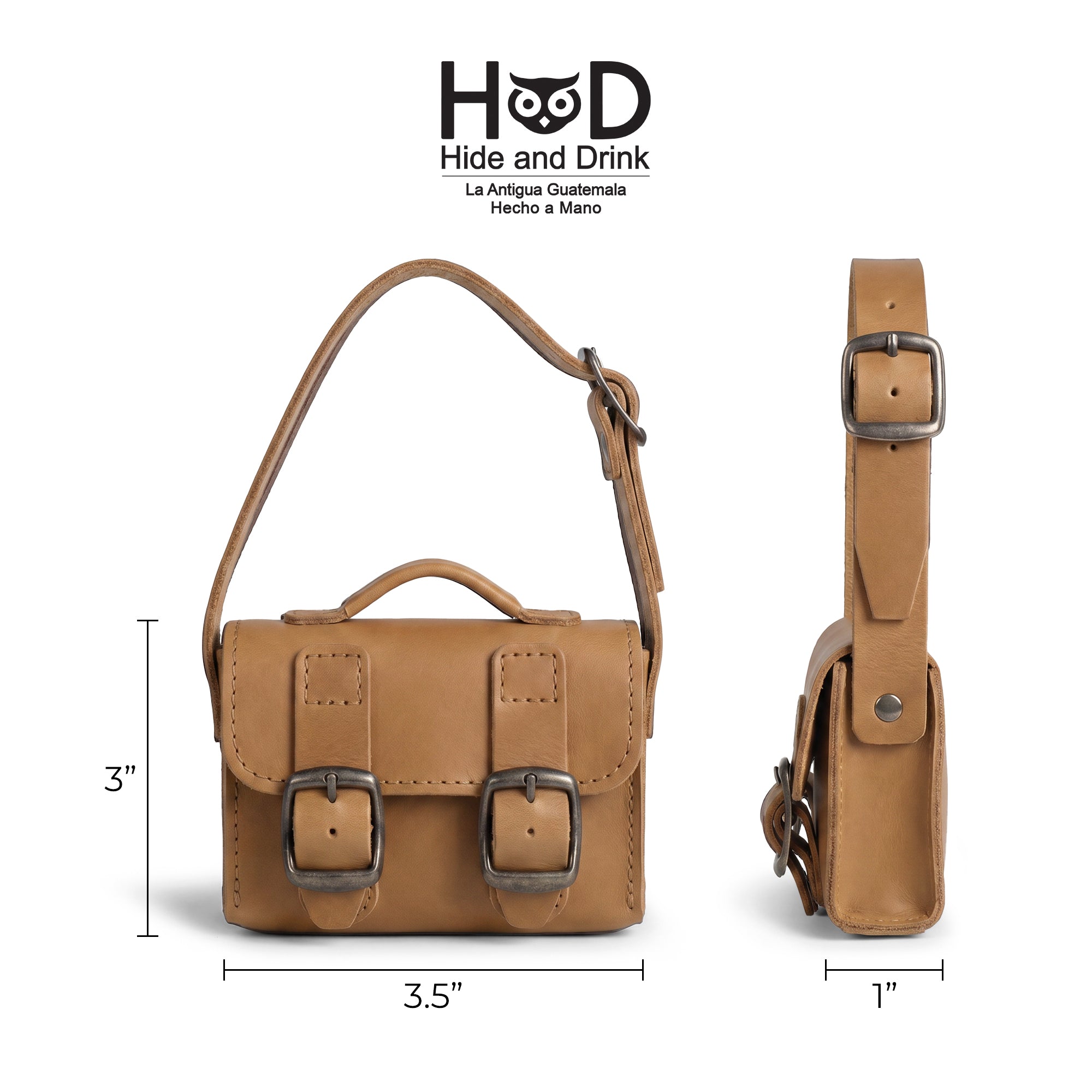 Size dimensions of the tan Tiny Messenger Bag by Hide & Drink, clearly illustrating its practical design. This Mini Messenger Bag Charm, made from luxurious Full Grain Leather, is perfect for attaching to bags or as a keychain, showcasing artisan craftsmanship from La Antigua Guatemala.