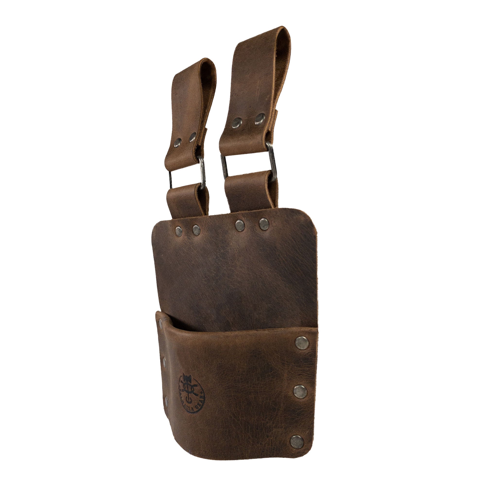 Side view of the Axe Holster, Durable Carrier for Lumberjack by Valhalla Gear, constructed from high-quality full grain leather. This stylish accessory for tools combines convenience and safety for home improvement, reflecting artisan craftsmanship from La Antigua Guatemala.