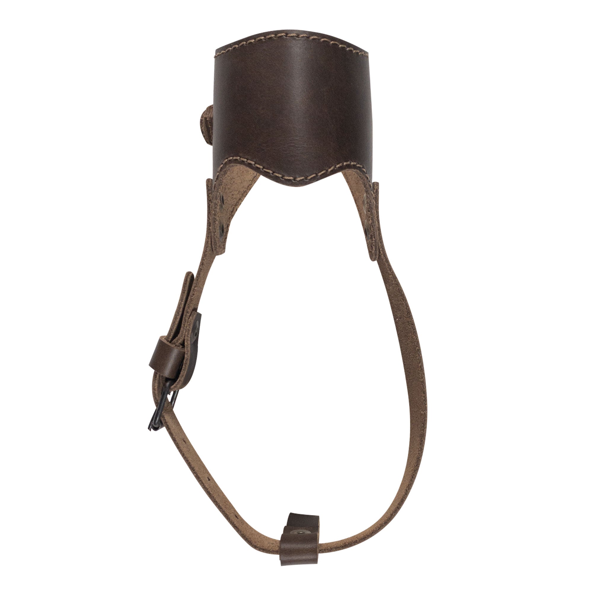 Top view of the Adjustable Dog Muzzle by Taco Dog, illustrating its sturdy construction and handcrafted details. Designed for durability and comfort, this muzzle is made from full grain leather, reflecting artisan craftsmanship from La Antigua Guatemala.