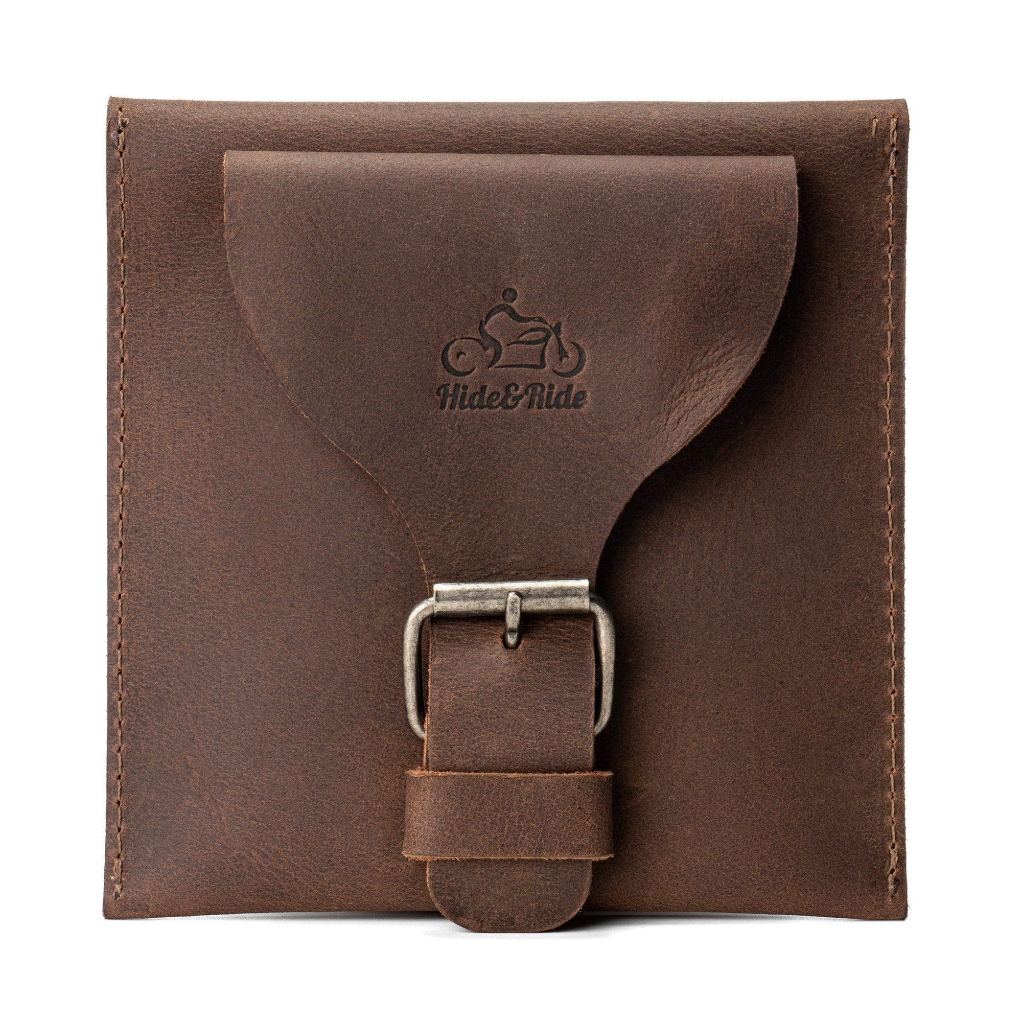Showcasing the Hide & Ride Document Handlebar Bag with a secure closure, made of premium full grain leather. This Motorcycle Document Bag blends style and function, a small bag for handlebar storage designed for bikers by StockyardX, specializing in artisan handmade products.