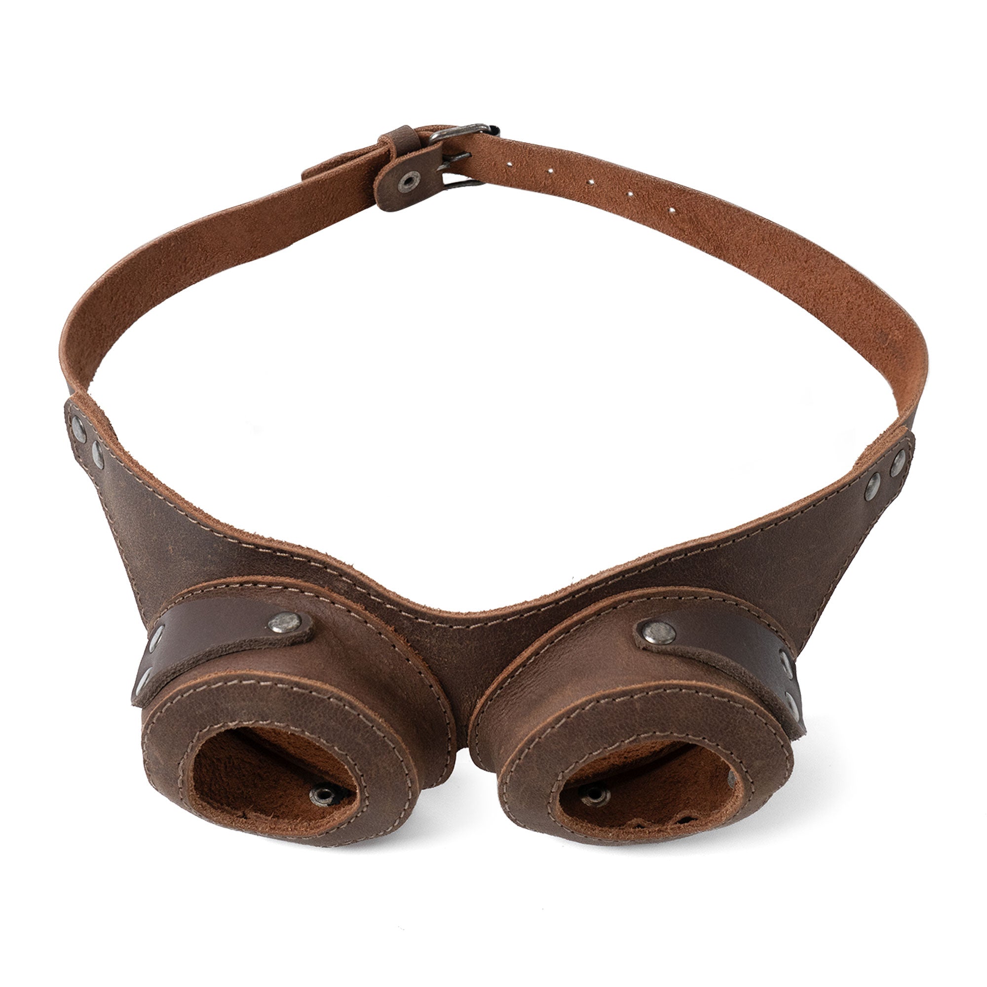 Front view of Steampunk Style Goggles by Hide & Play, crafted from durable full grain leather. These unique retro cosplay props are perfect for accessorizing costumes with a mad scientist theme, handmade in small batches in La Antigua Guatemala & Oaxaca Mexico.