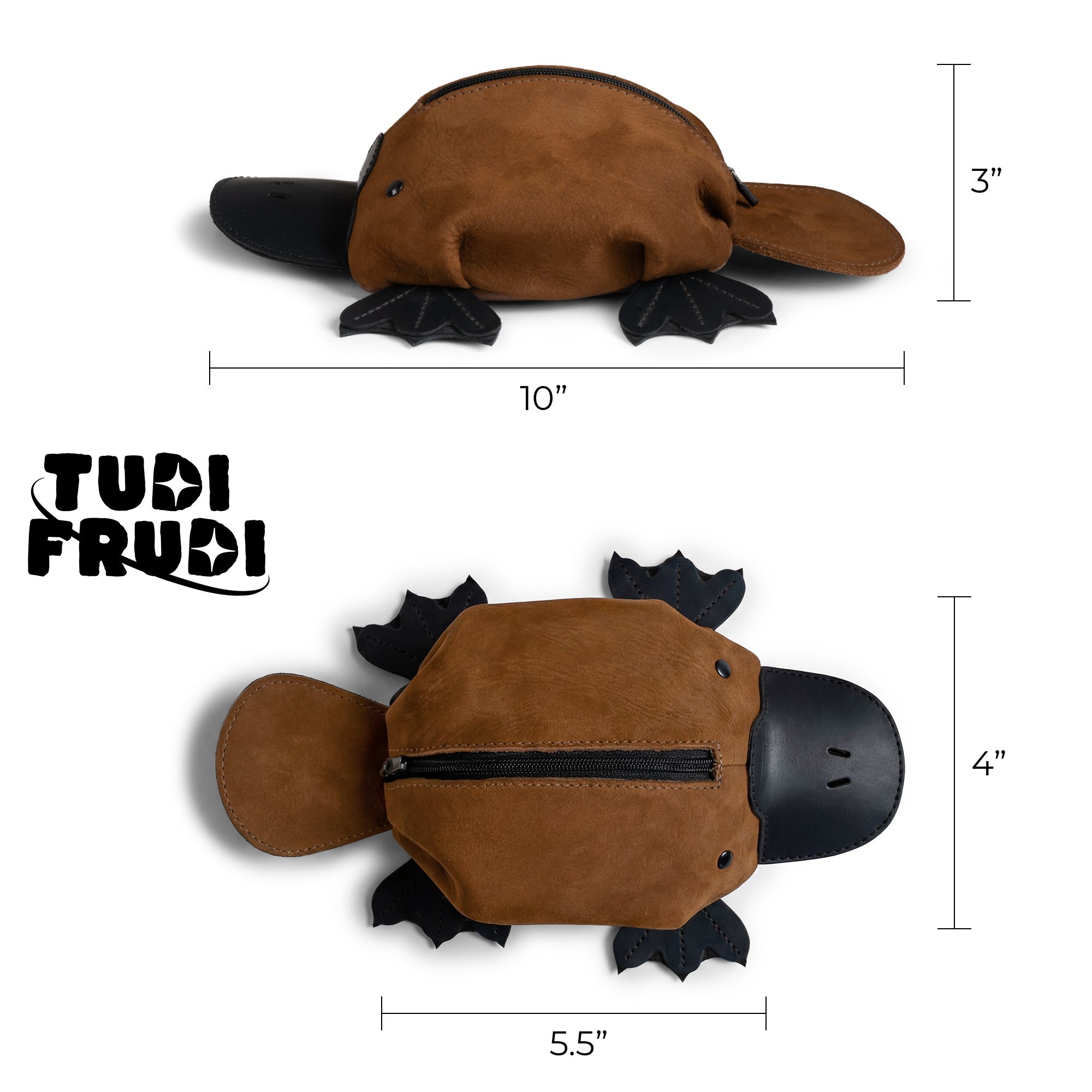 Dimensions of the Tudi Frudi Leather Platypus Pouch are showcased, emphasizing its versatility as a small coin organizer and a zippered cash holder wallet for coins. This change purse is ideal for money storage, crafted from full grain leather and features small batch production, hand cut, and hand sewn details. Handmade in La Antigua Guatemala & Oaxaca Mexico, it’s an exceptional artisan piece.