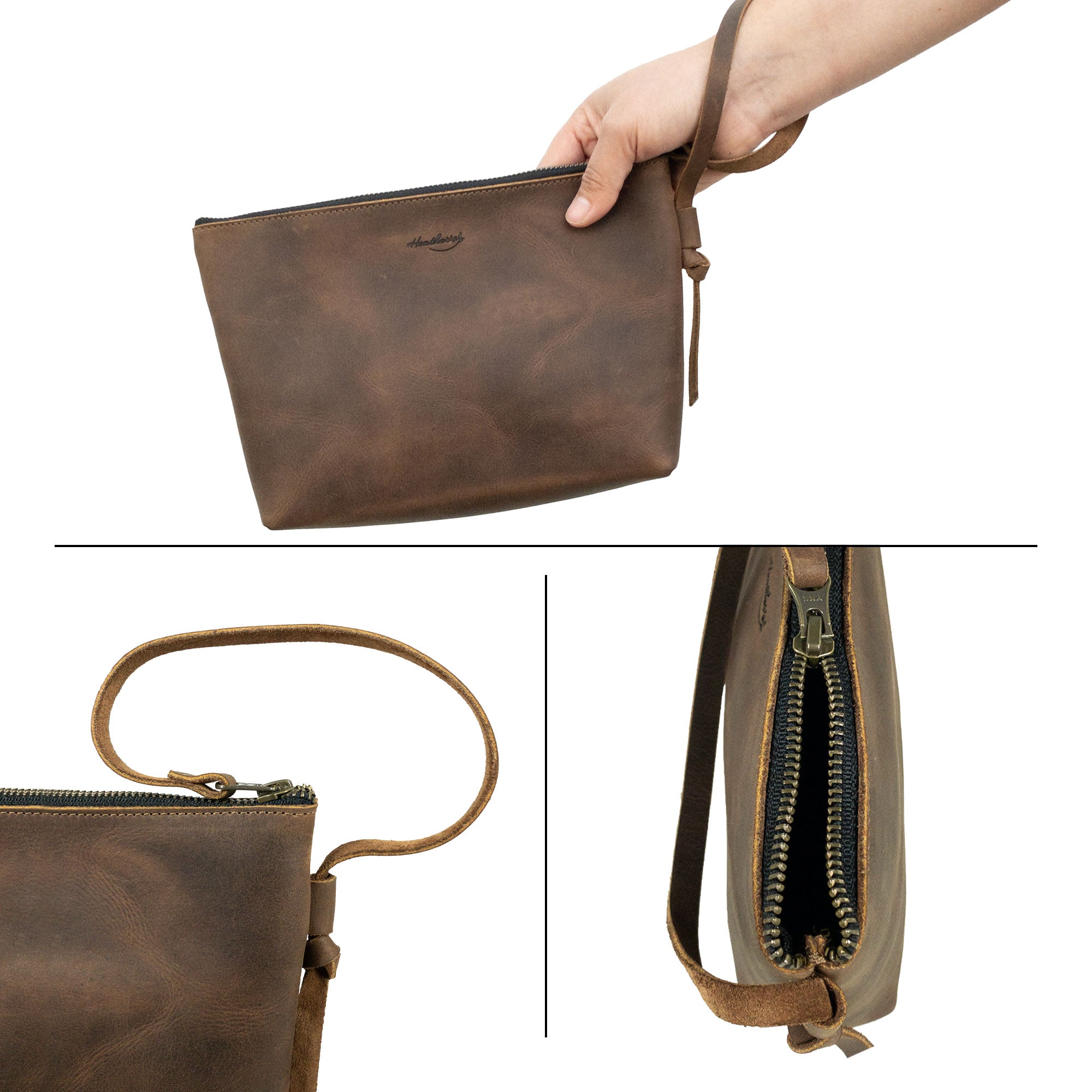 Close-up of Heather's Clutch Bag with Strap being held, featuring its beautiful Full Grain Leather. This bag is ideal as a wrist wallet for cards and money and accommodates makeup and cosmetics, proudly handmade in La Antigua Guatemala & Oaxaca Mexico.