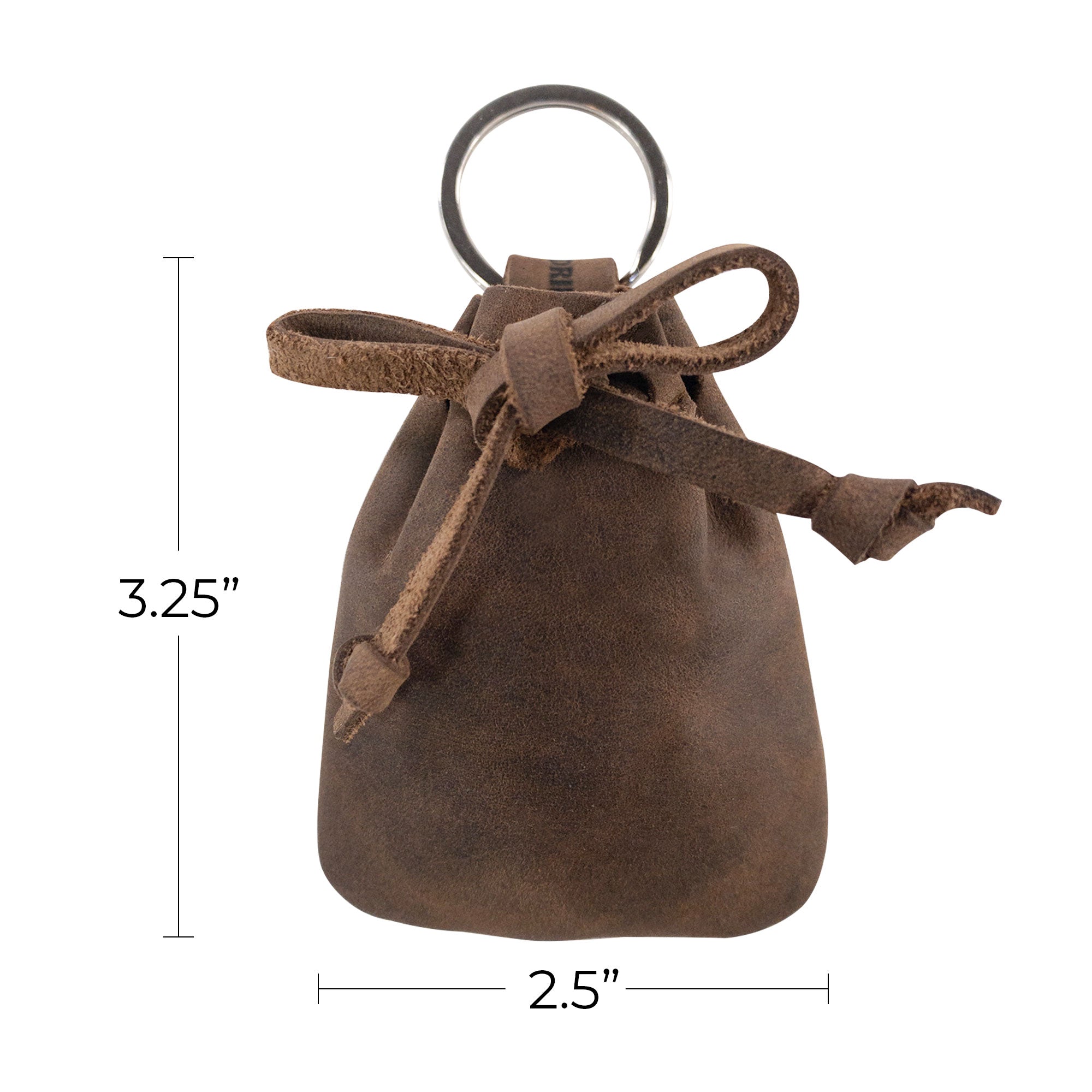 Dimensions of a Mini Medieval Pouch Keychain from Hide & Drink, ideal for everyday carry. This tiny bag with keyring is crafted from full grain leather, making a stylish coin pouch while representing artisan work emphasized by small batch production in La Antigua Guatemala.