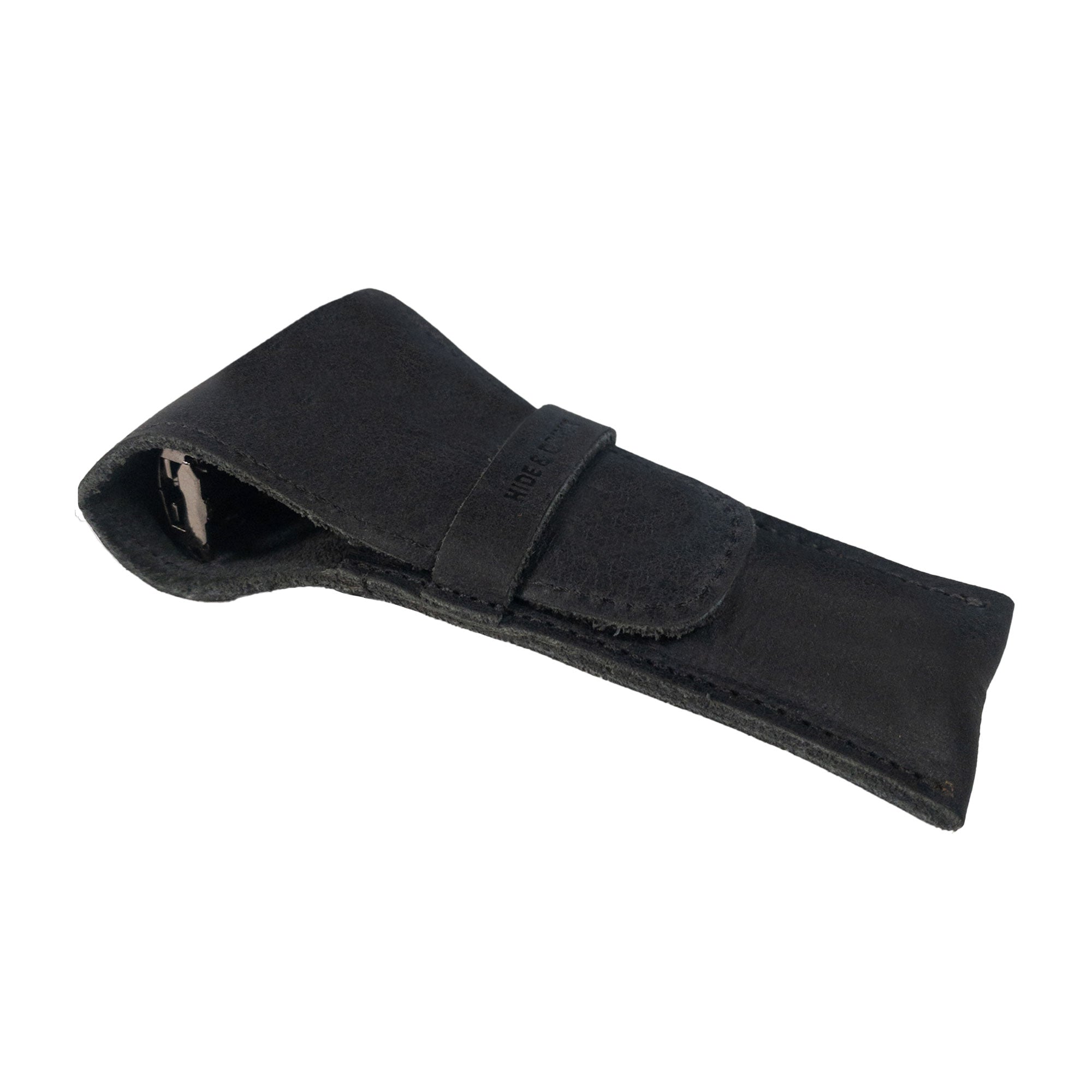 Another view of the black Safety Razor Case by Hide & Drink, showcasing its compact design for travel. Made from artisan-crafted full grain leather, this case is perfect for organizing shaving accessories and is handmade in La Antigua Guatemala and Oaxaca Mexico.
