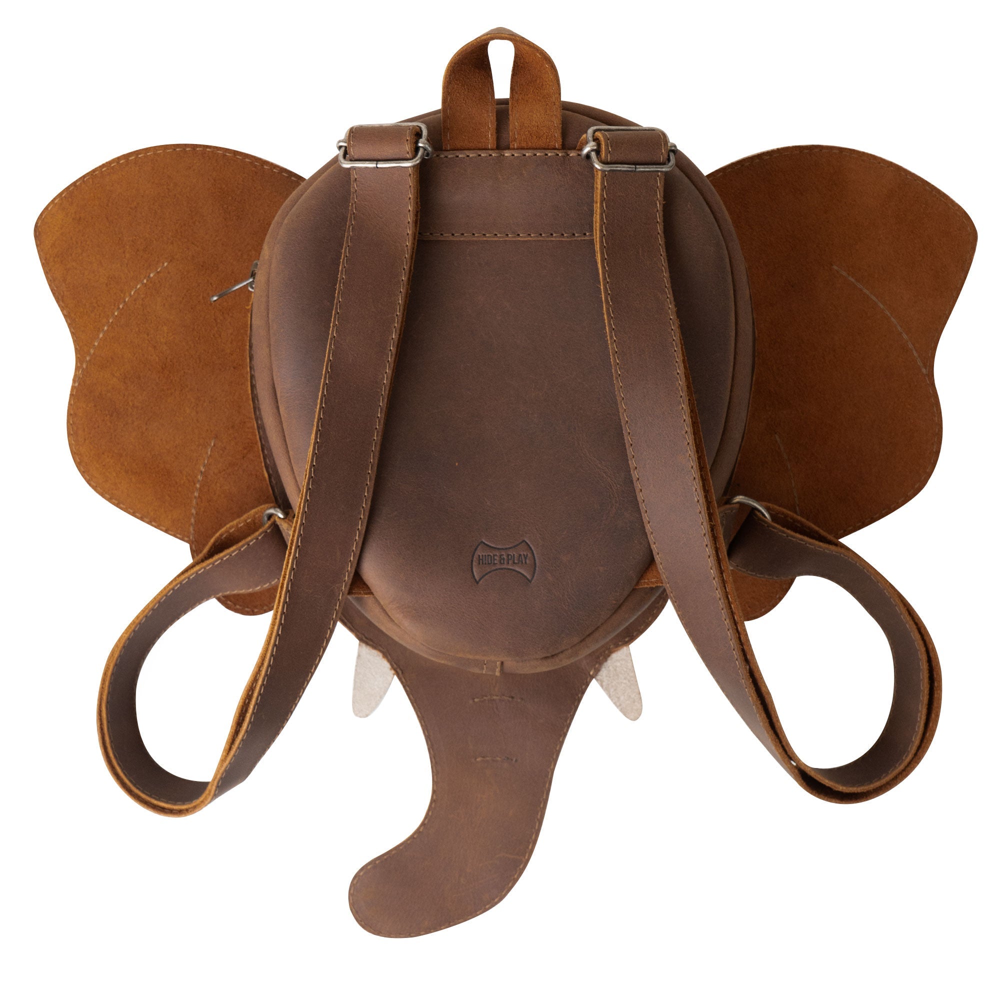 Back view of the Elephant-Shaped Backpack from Hide & Play, featuring adjustable straps and a cute elephant shape. This Full Grain Leather bag serves as a multifunctional Travel Bag for Men and Women, reflecting StockyardX's dedication to artisan craftsmanship with a handmade touch from La Antigua Guatemala.
