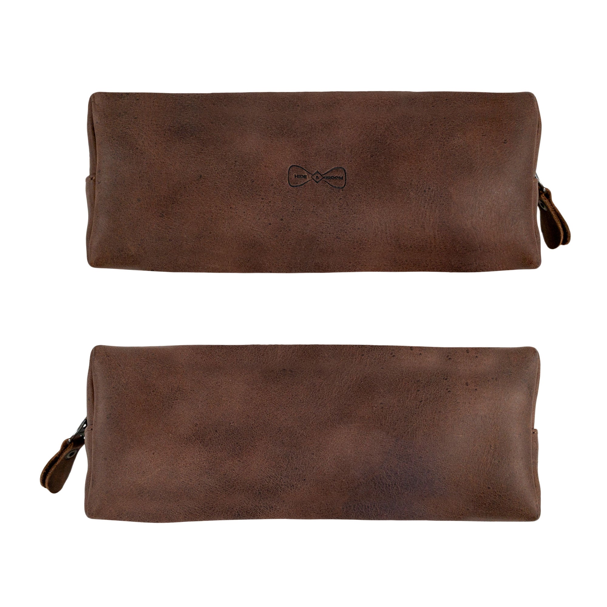 Rectangular Toiletry Bag for Groomsmen by Hide & Groom, showing the front and back view of the durable leather exterior. This artisan bathroom bag is perfect for best men and bachelors, embodying handmade quality from La Antigua Guatemala.