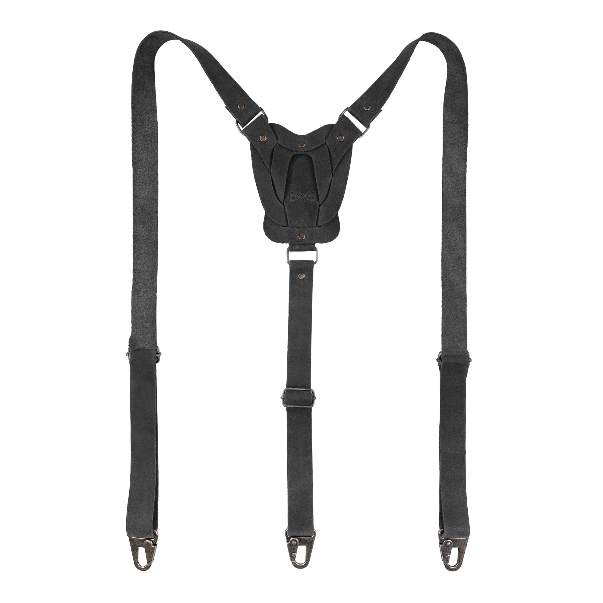 Rustic Suspenders with Adjustable Size Straps for Men in black by Hide & Groom, crafted from Full Grain Leather. Ideal for weddings and Steampunk style, these suspenders highlight the artisan craftsmanship and small batch production.