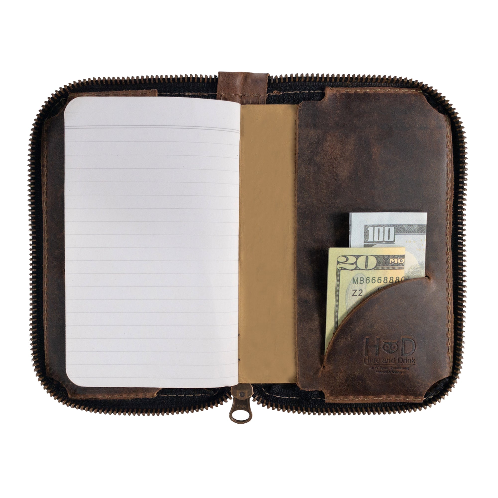 Hide & Drink Zippered Journal Cover for Moleskine (Notebook NOT Included) with cash neatly tucked inside, representing its versatility. Artisan made from full grain leather, hand sewn with care.