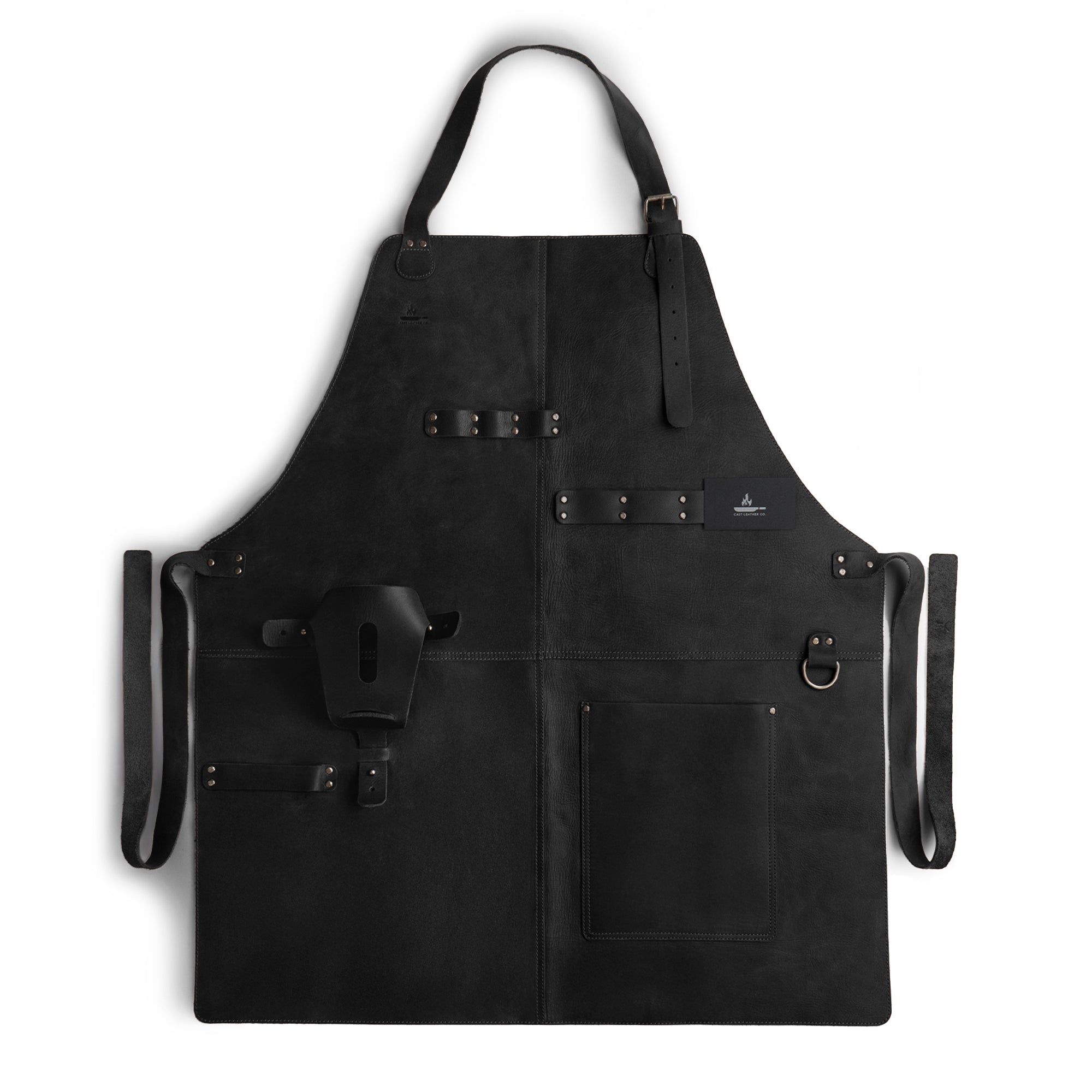 Cast Leather Co. BBQ Apron in black featuring adjustable neck straps and rustic style. Perfect for chefs, made from full grain leather, this artisan piece captures the spirit of small batch production and is crafted in La Antigua Guatemala & Oaxaca Mexico.