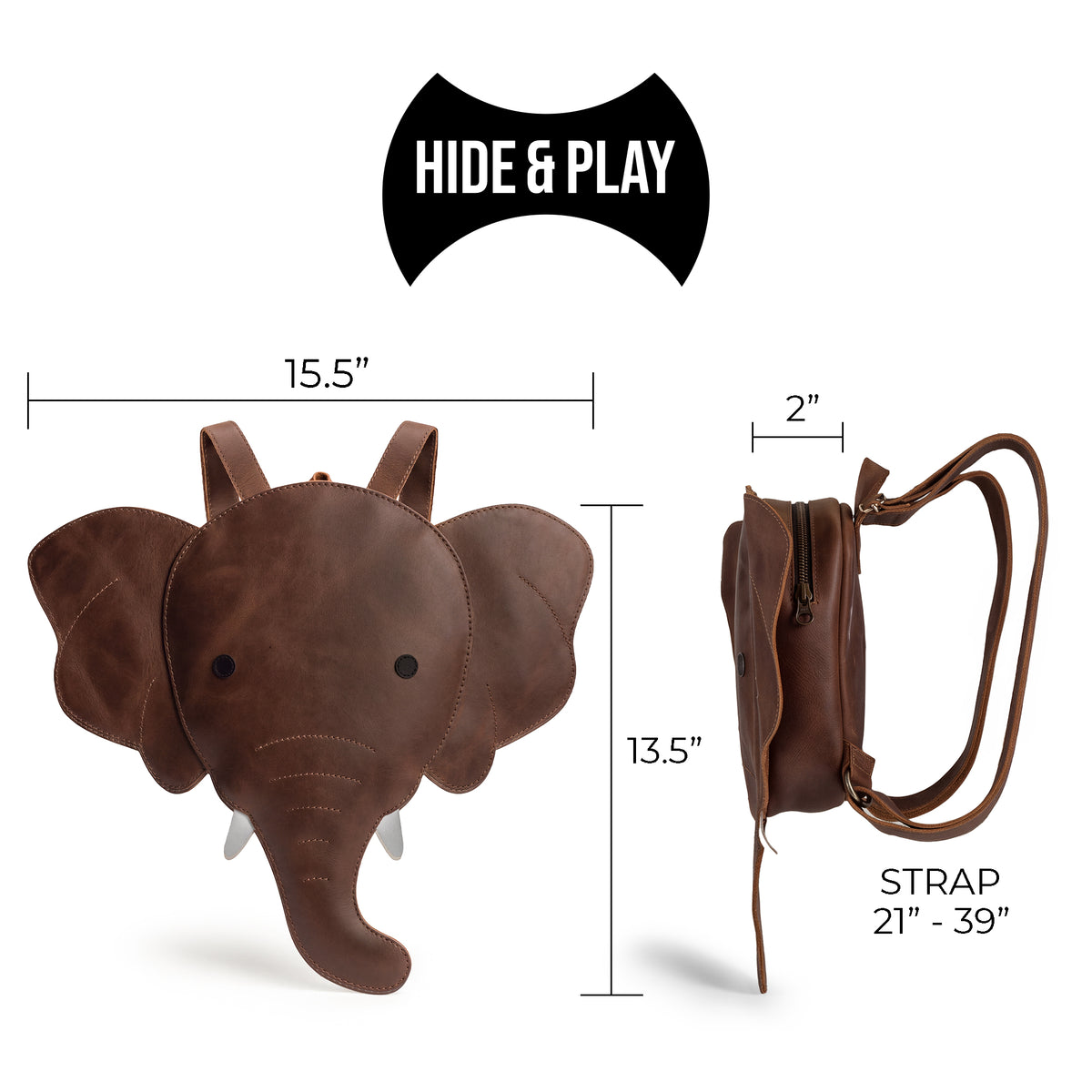Dimensions of the Elephant-Shaped Backpack by Hide & Play displayed alongside its features. A well-crafted Full Grain Leather Elephant-Shaped Shoulder Bag, it’s perfect as a Messenger Bag and Travel Bag for Men and Women. StockyardX's small batch production ensures each backpack is hand cut and sewn with care.