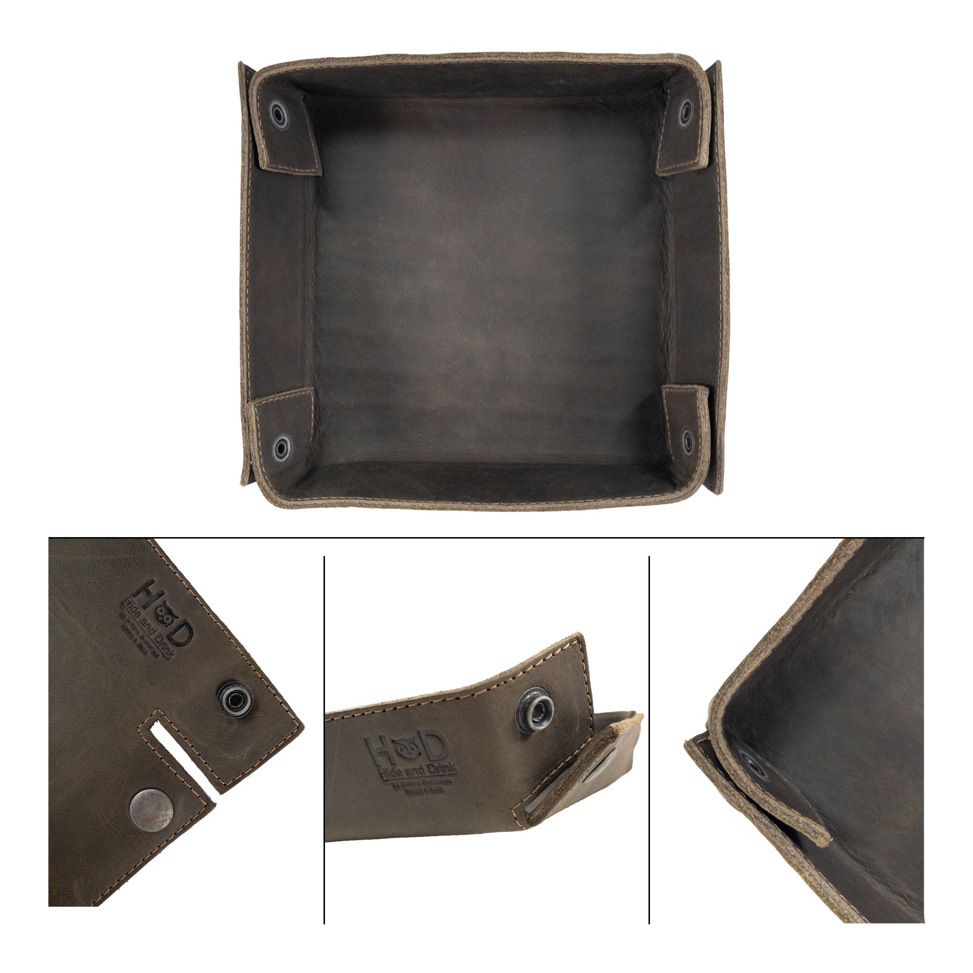 Hide & Drink Jumbo Tray, a versatile catchall tray made from durable full grain leather for easy access to items like keys and jewelry. This handmade piece showcases artisan techniques from La Antigua Guatemala.