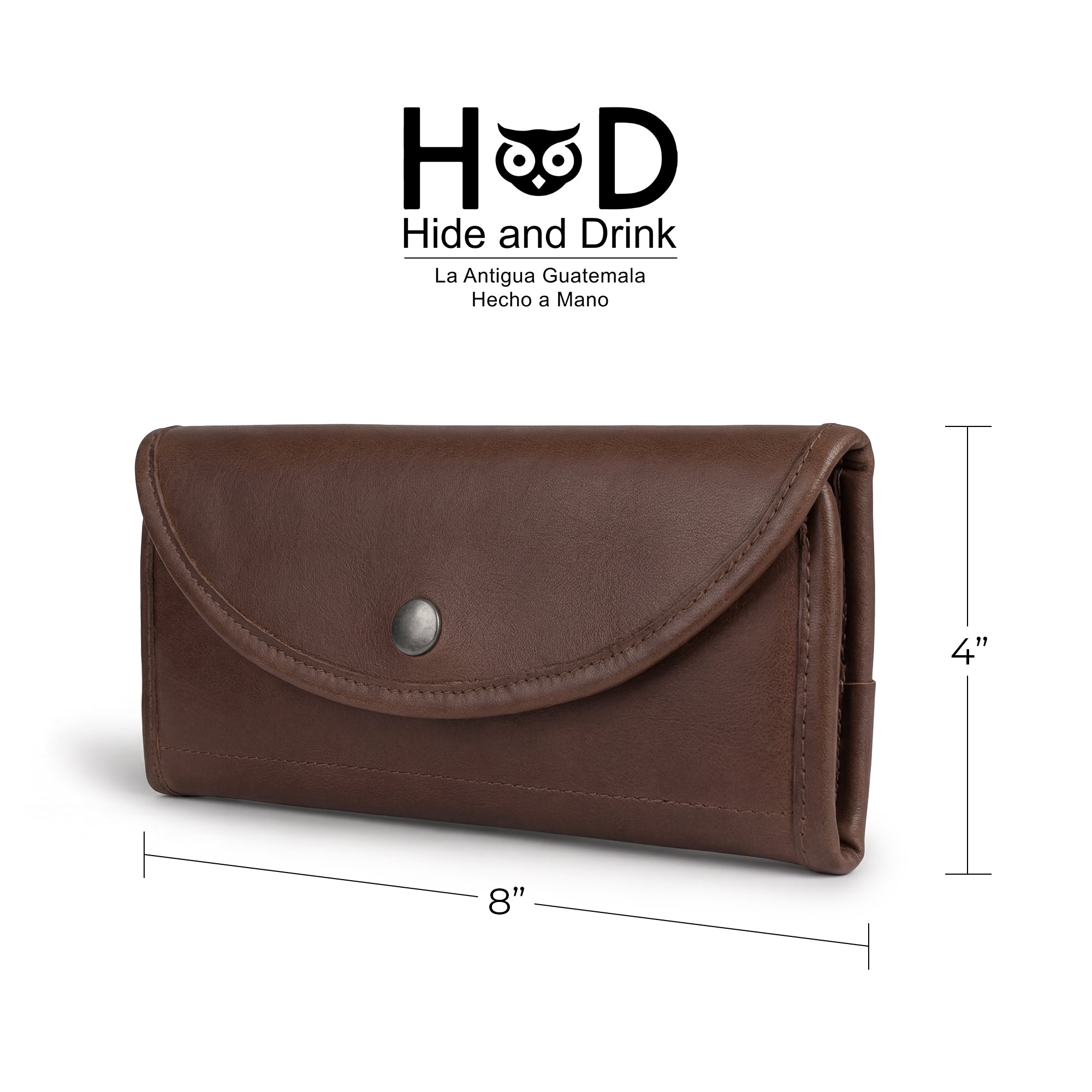 Dimensions and front view of the Single Snap Zippered Wallet by Hide & Drink, demonstrating its sleek design. This Snap Clutch Wallet for Women is a versatile money holder and card organizer with a zippered pouch, made from authentic full grain leather, lovingly handmade in La Antigua Guatemala.