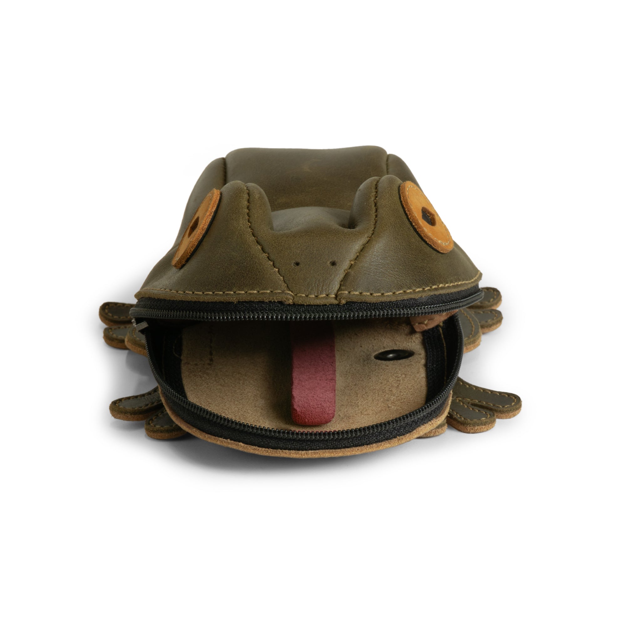 Top view of Tudi Frudi's Frog Pouch, featuring a playful frog shape. This unique zippered cash holder wallet is crafted from premium full grain leather, perfect as a change purse or pouches for men and women, proudly made in La Antigua Guatemala & Oaxaca Mexico.
