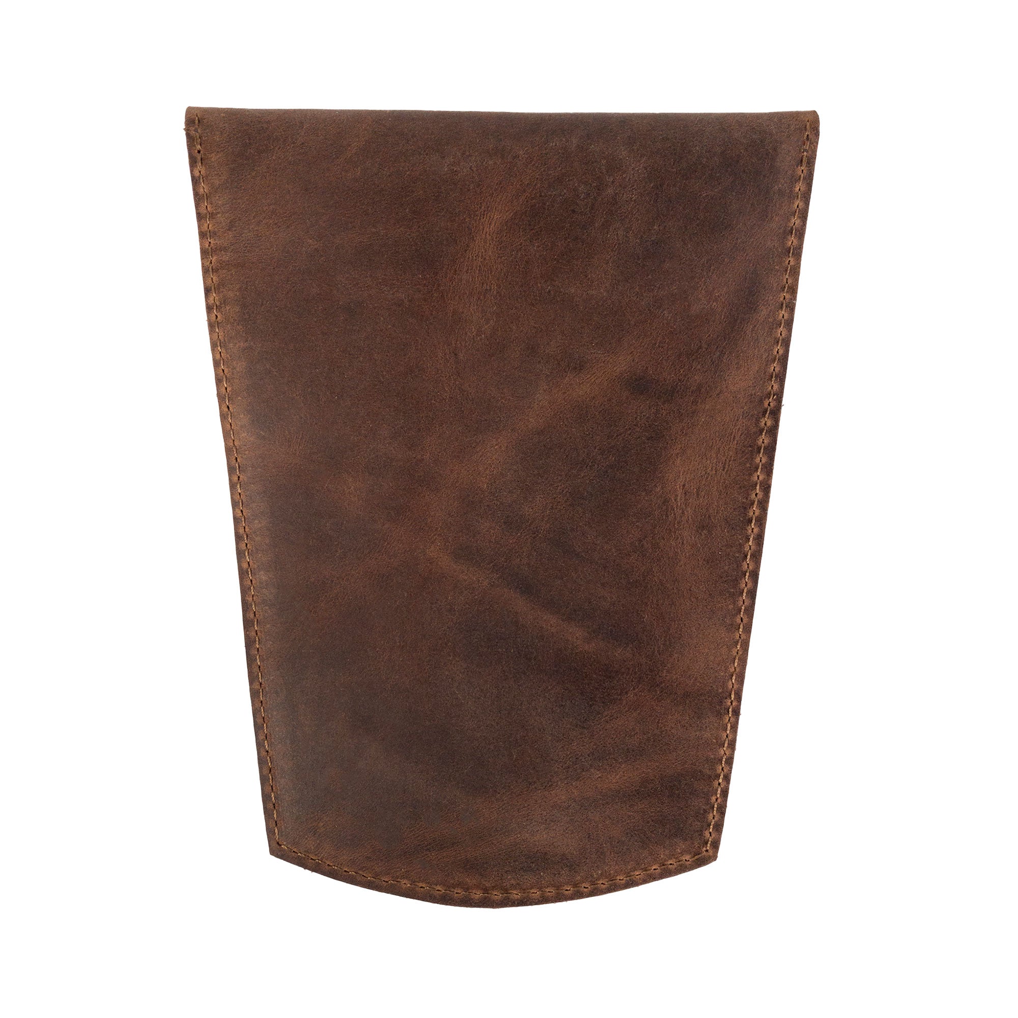 The back of Heather's Essential Mini Bag, presenting its sleek full grain leather exterior. This mini bag for women acts as an essential case for glasses, makeup, USB, cables, and cash, serving as a versatile travel accessory. Handmade in La Antigua Guatemala, this bag is part of a small batch production line, focusing on hand cut, hand sewn techniques by skilled artisans.