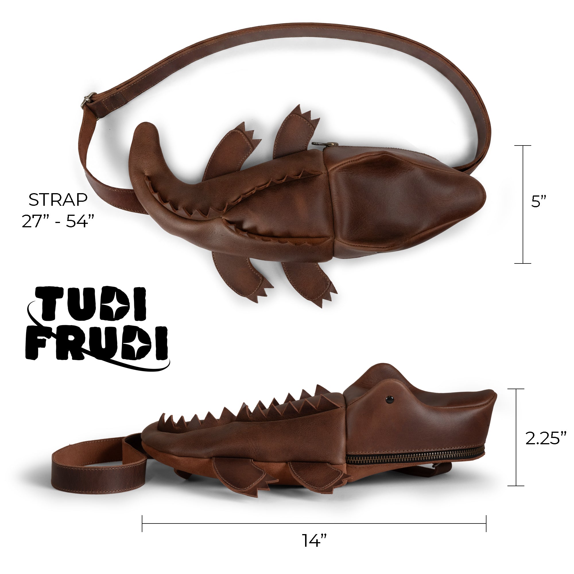 Illustration of the dimensions of the Crocodile-Shaped Crossbody by Tudi Frudi, showcasing its practical size for everyday use. This Chest Pack Carrier is designed for durability, made with care from Hand Cut and Hand Sewn Full Grain Leather, embodying Small Batch Production.