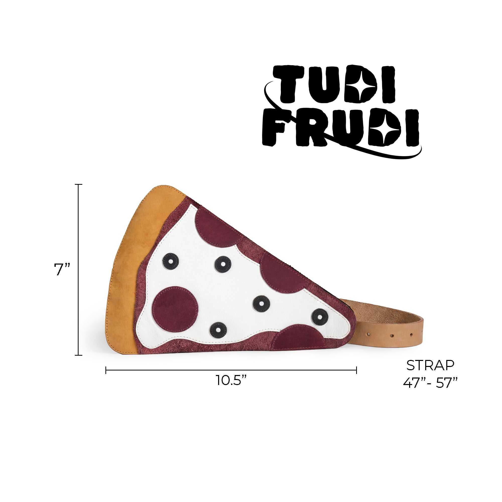 Size comparison of the Pizza Slice-Shaped Shoulder Bag by Tudi Frudi alongside a phone, demonstrating its practical size. Made from Full Grain Leather, this handmade crossbody bag is a reflection of artisan craftsmanship and fire branding.