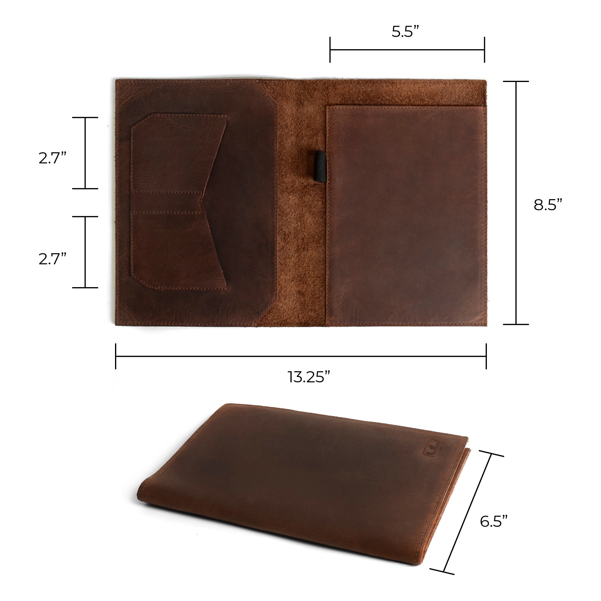 Product dimensions displayed for the Leather Worx Notepad Case 5 x 8 In. featuring pockets for cards and a roomy notepad compartment. Notepad Cover (5 x 8 In. Notepad Not Included) Sturdy, Durable Material Perfect for Storing Journal, Full Grain Leather, StockyardX, Small Batch Production, Hand Cut, Hand Sewn, Fire Branded, Artisan, Handmade in La Antigua Guatemala & Oaxaca Mexico.