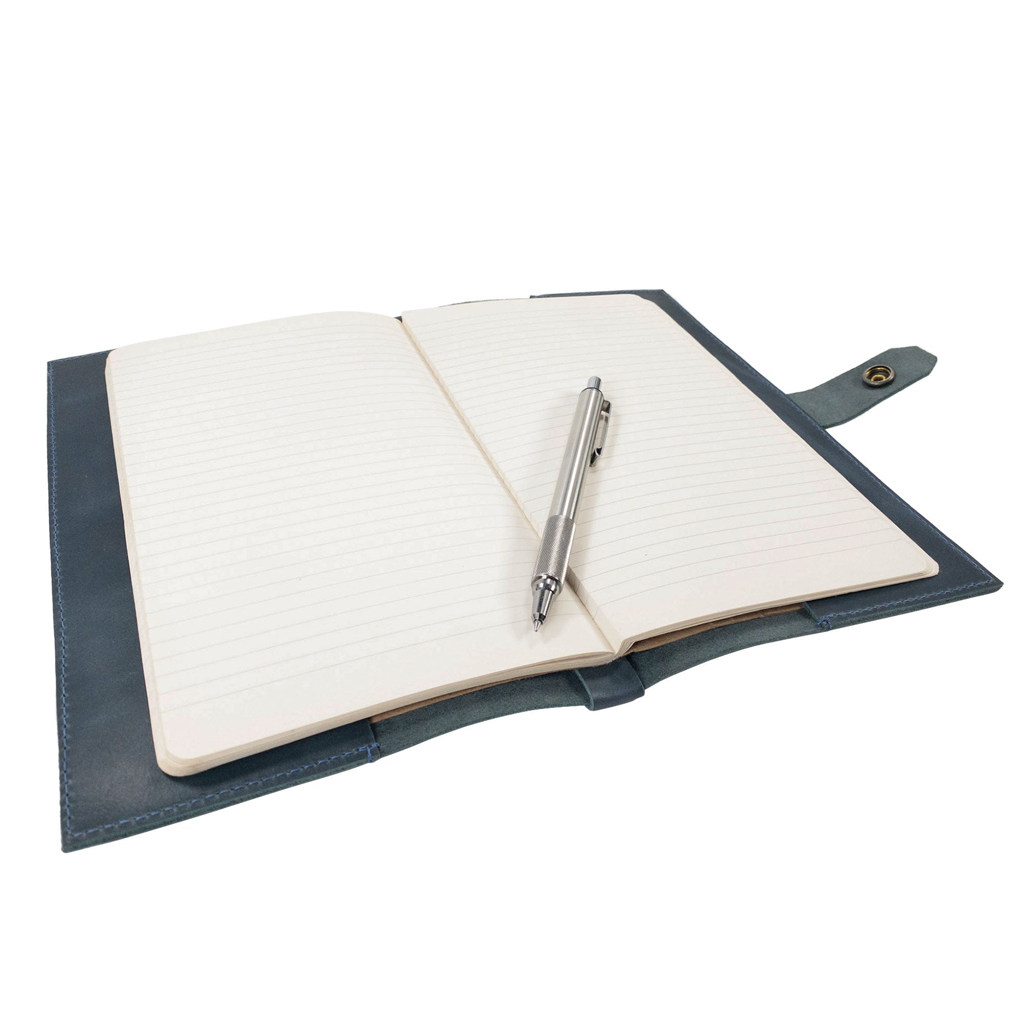 Open view of Hide & Drink's Riveted Field Note Cover for Moleskine (5 x 8.25 in.) Notebook NOT Included featuring lined paper inside. This practical yet stylish full grain leather cover represents artisan craftsmanship in La Antigua Guatemala & Oaxaca, Mexico.