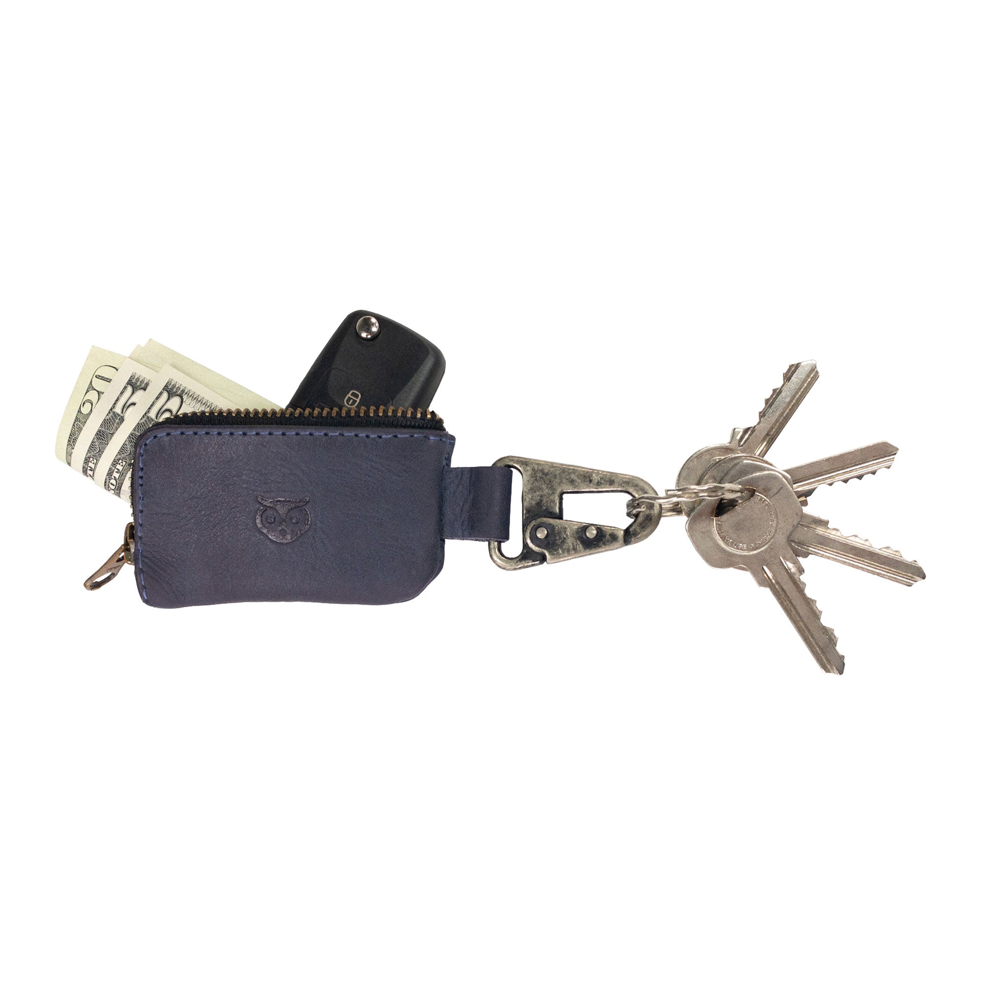 Hide & Drink Car Key Holder in a stylish arrangement with keys and cash, illustrating its practicality for storing headphones, cables, and flash drives, all securely held with a Nickel Metal Clasp. StockyardX, Small Batch Production, Hand Cut, Hand Sewn, Fire Branded, Artisan, Handmade in La Antigua Guatemala & Oaxaca Mexico.
