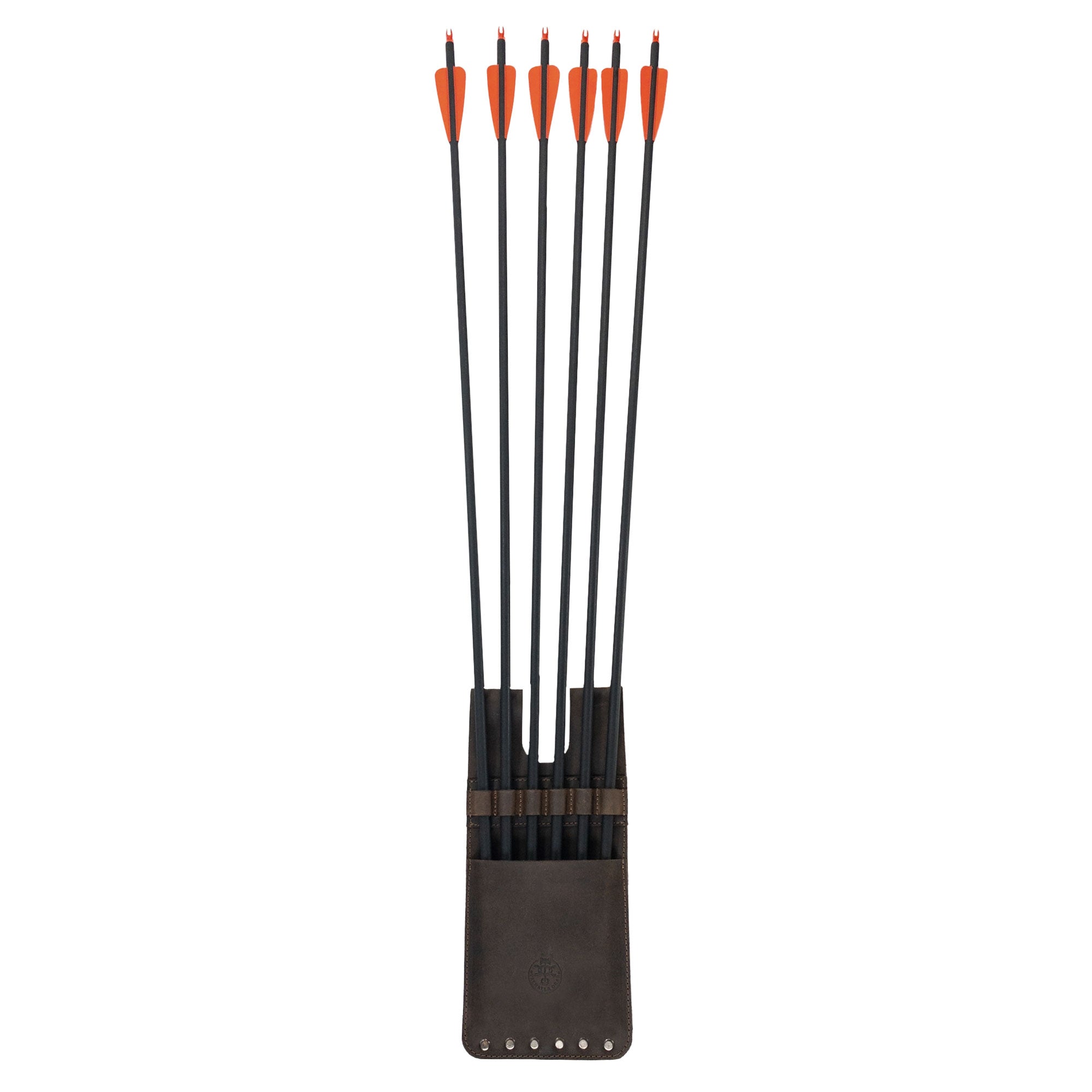 Front view of the 6 Arrow Back Quiver for Pocket by Valhalla Gear filled with arrows, beautifully crafted from Full Grain Leather. This artisan item embodies small batch production, emphasizing hand cut and hand sewn artistry, making it a standout piece for archery lovers.