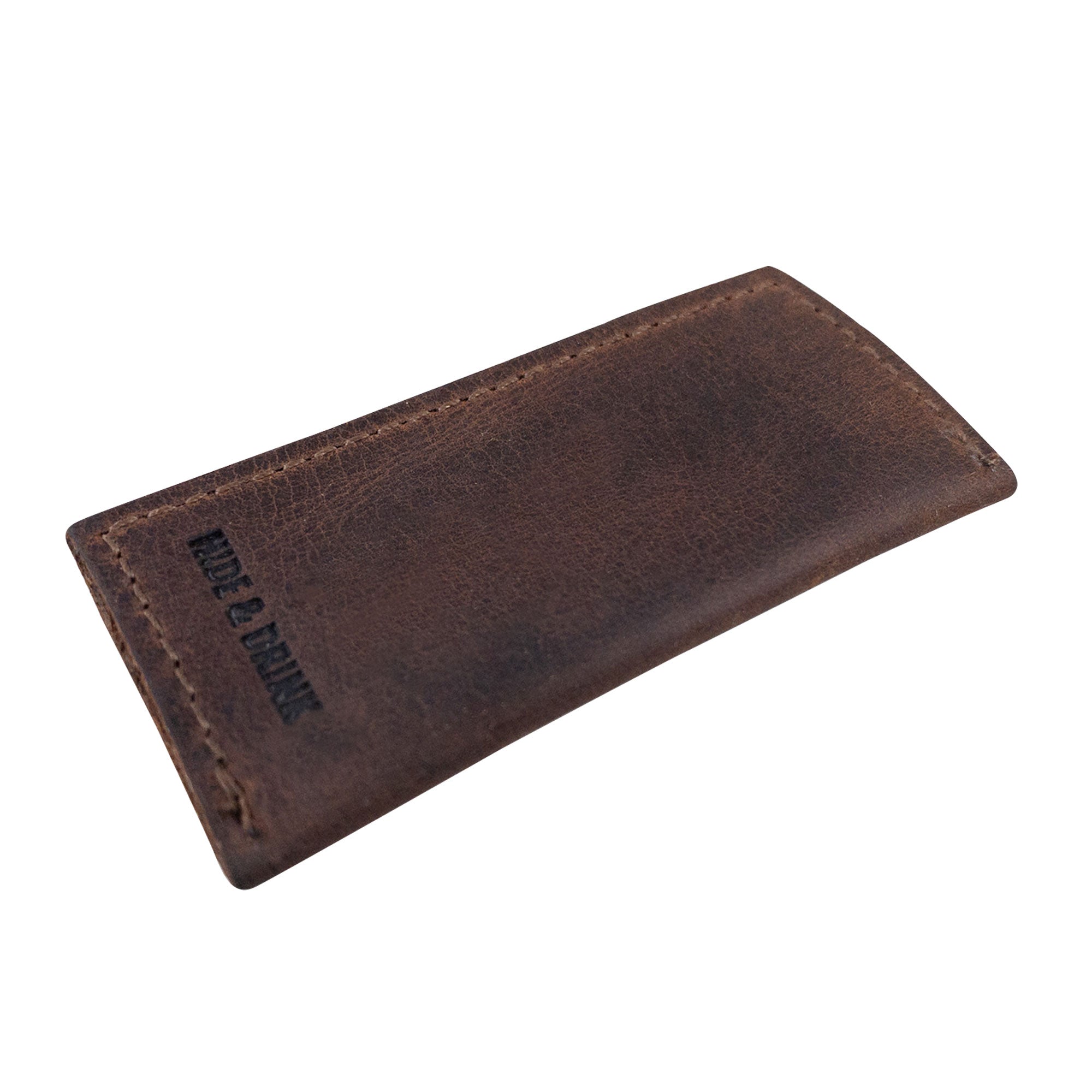 Hide & Drink Tooth Pick Case (4 Pack) showing a side view of a leather case perfect for toothpicks. Set of 4 Tooth Pick Cases, Cooking Accessories, Full Grain Leather, StockyardX, Small Batch Production, Hand Cut, Hand Sewn, Fire Branded, Artisan, Handmade in La Antigua Guatemala & Oaxaca Mexico.