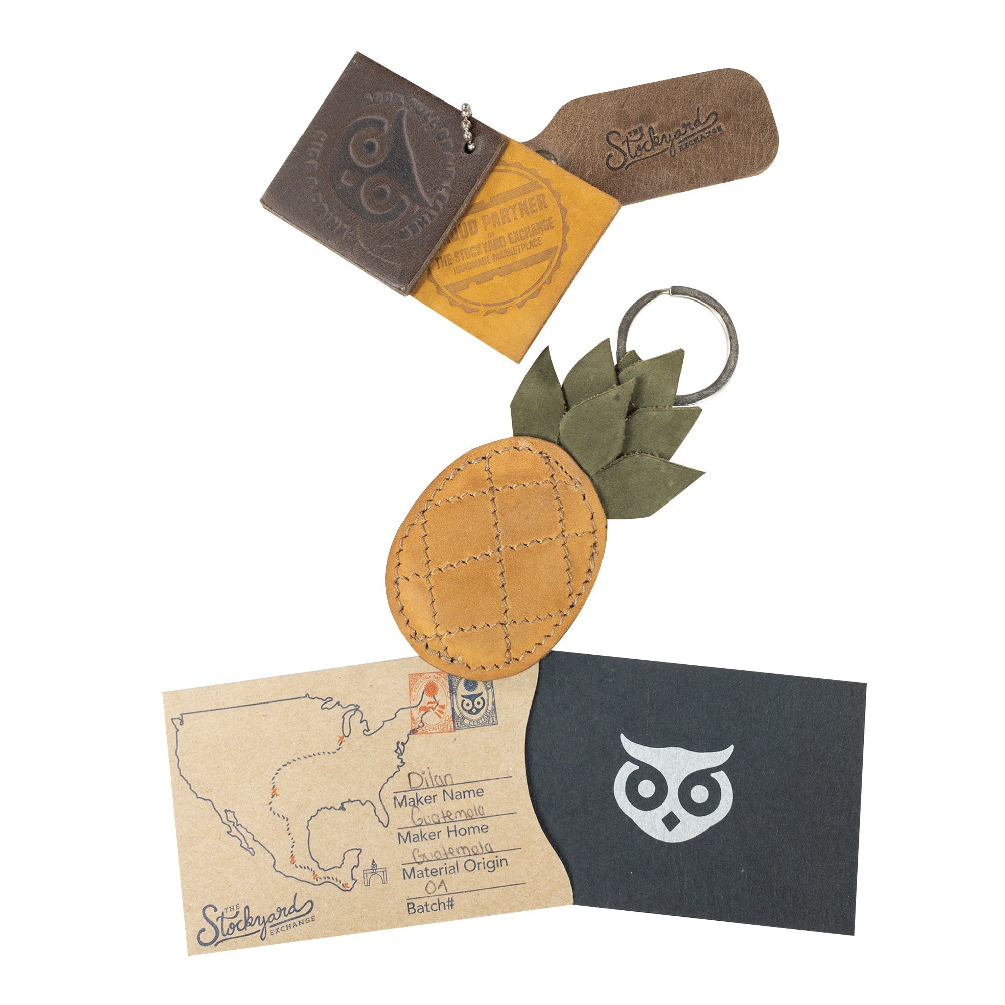 A beautifully packaged Pineapple Keychain by Hide & Drink, highlighting the artisanal quality of its handmade construction. Made from full grain leather, this keyring is not just an accessory but a piece of tropical charm that showcases small batch production and fire branded details.