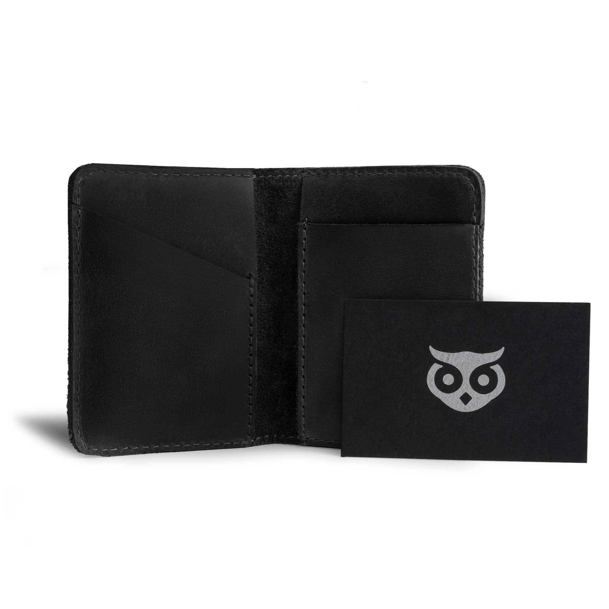 Hide & Drink Bifold Wallet displayed alongside business cards, emphasizing its minimal design as a stylish front pocket wallet handcrafted from full grain leather.