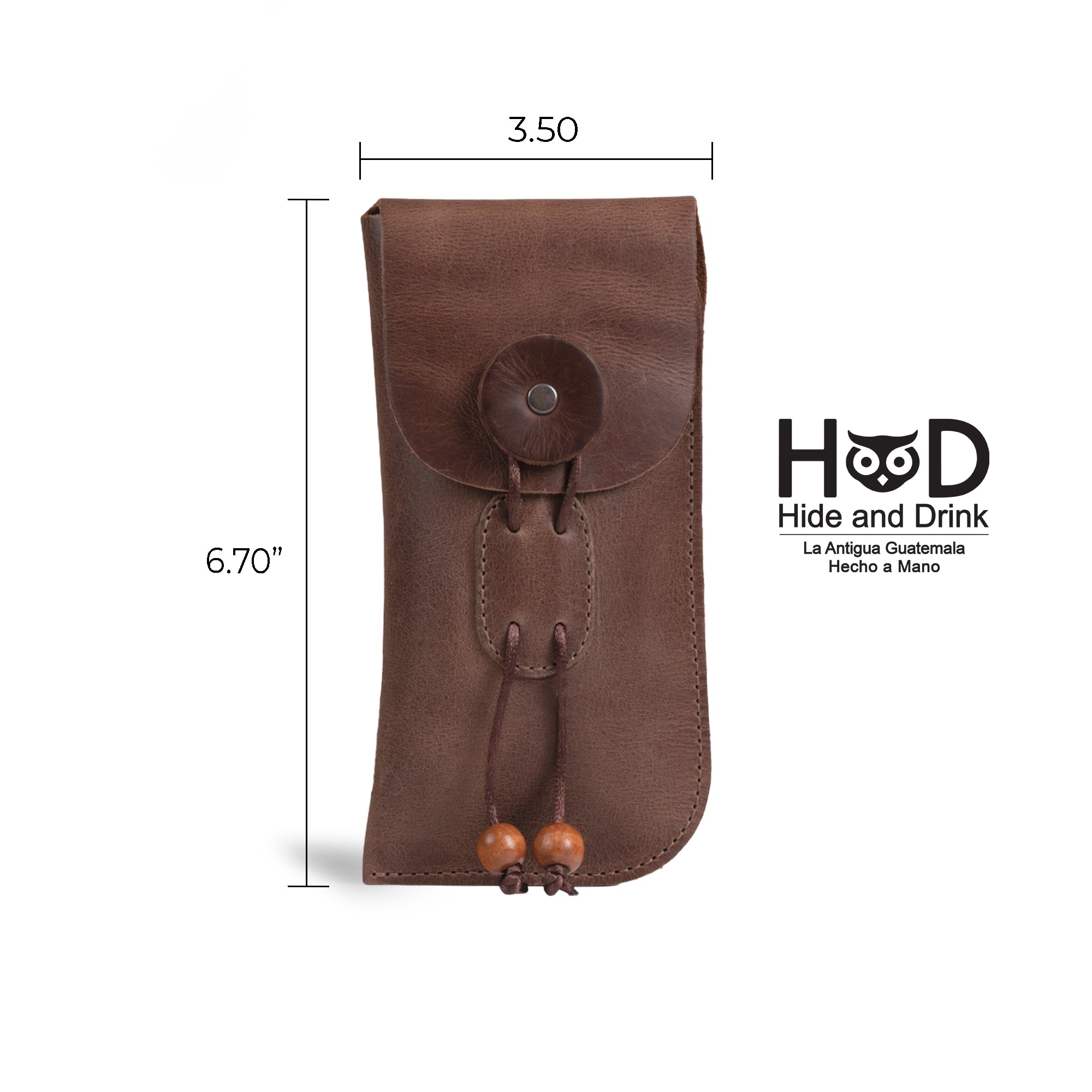 A dimensions image of the Slim Eyeglasses Case by Hide & Drink, showing its stylish measurements and branded logo. Made from full grain leather, this elegant glasses pouch for travel highlights artisan craftsmanship. It serves as a practical sunglasses soft holder, emphasizing small batch production and the unique quality of being handmade in La Antigua Guatemala & Oaxaca Mexico.