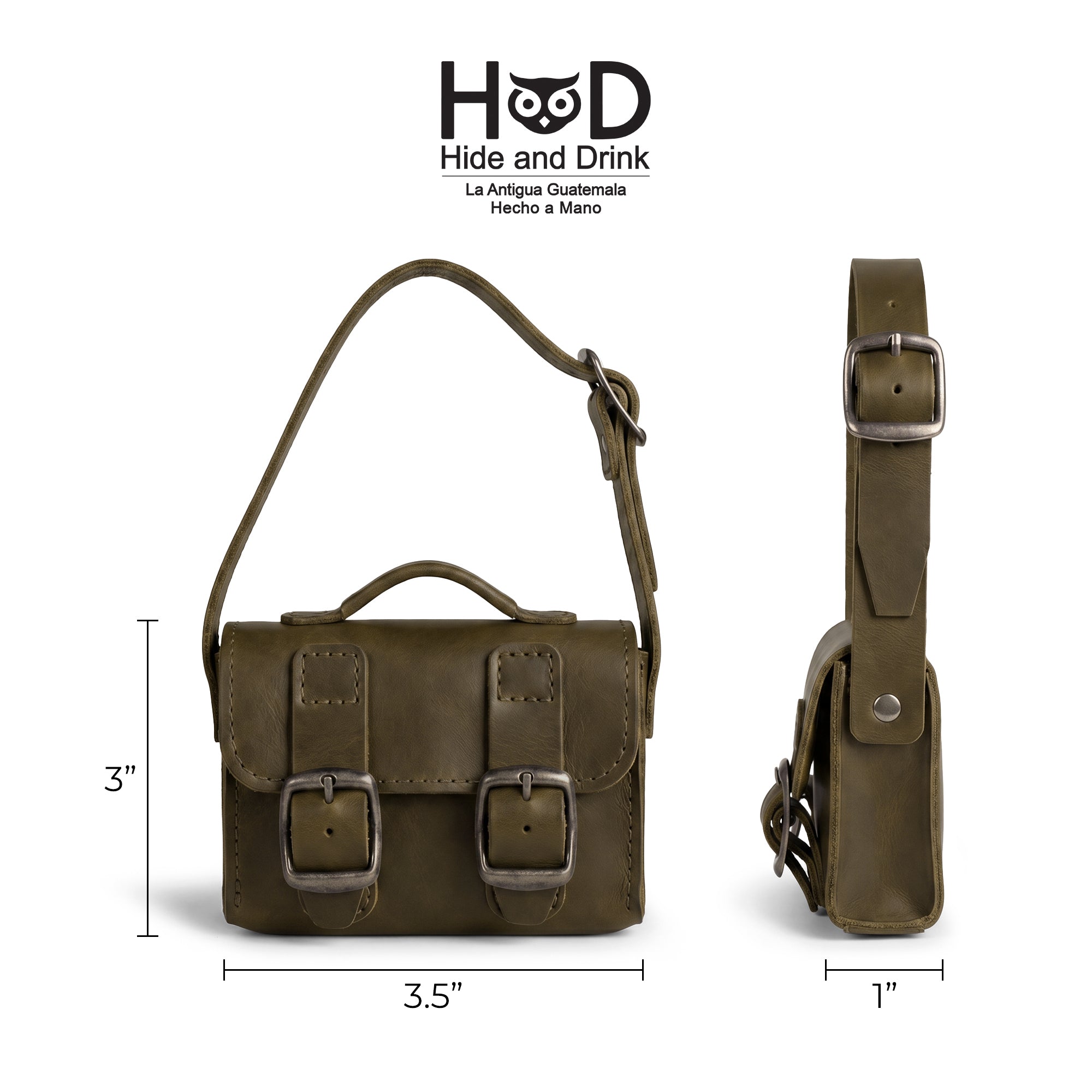 Size dimensions of the green Tiny Messenger Bag by Hide & Drink, measuring 3.5 inches by 3 inches. This practical Mini Messenger Bag Charm in Full Grain Leather is designed for keychain or handbag use, showcasing artisan craft from La Antigua Guatemala.