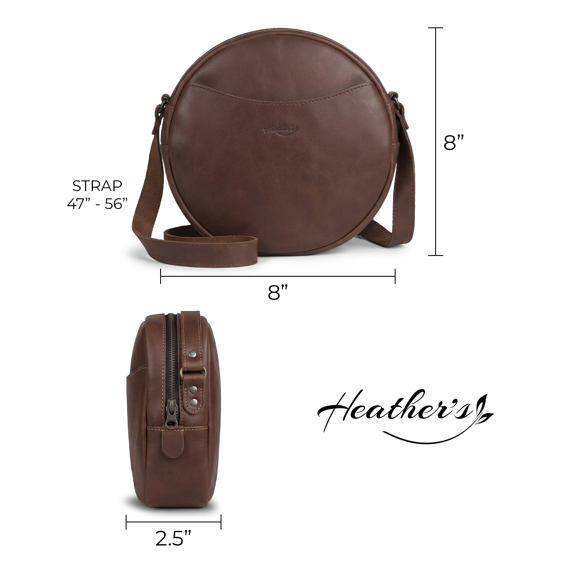 Informational image of Heather's Female Rounded Crossbody Hand Bag showcasing dimensions and features. This bag made from Full Grain Leather serves as a chic zippered handbag for women and a stylish shoulder bag for girls. Handmade in La Antigua Guatemala, it highlights artisan craftsmanship through hand cut and hand sewn techniques.