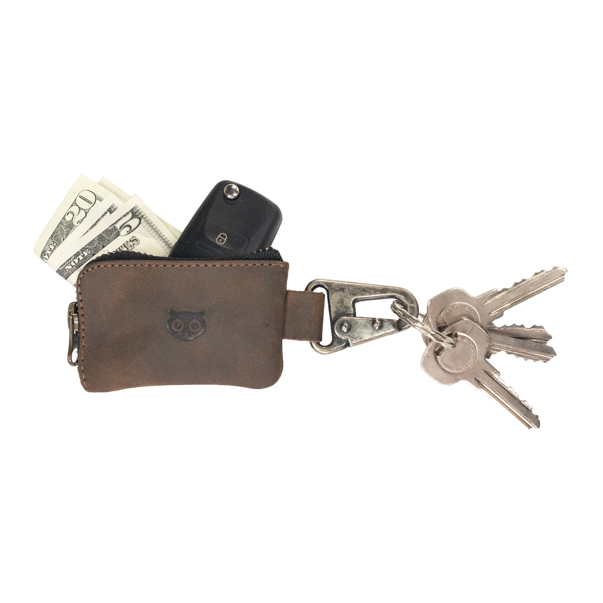 Hide & Drink Car Key Holder showing a practical view with keys, cash, and a key fob, emphasizing its versatility as a zipper case for various small items, crafted from full grain leather.