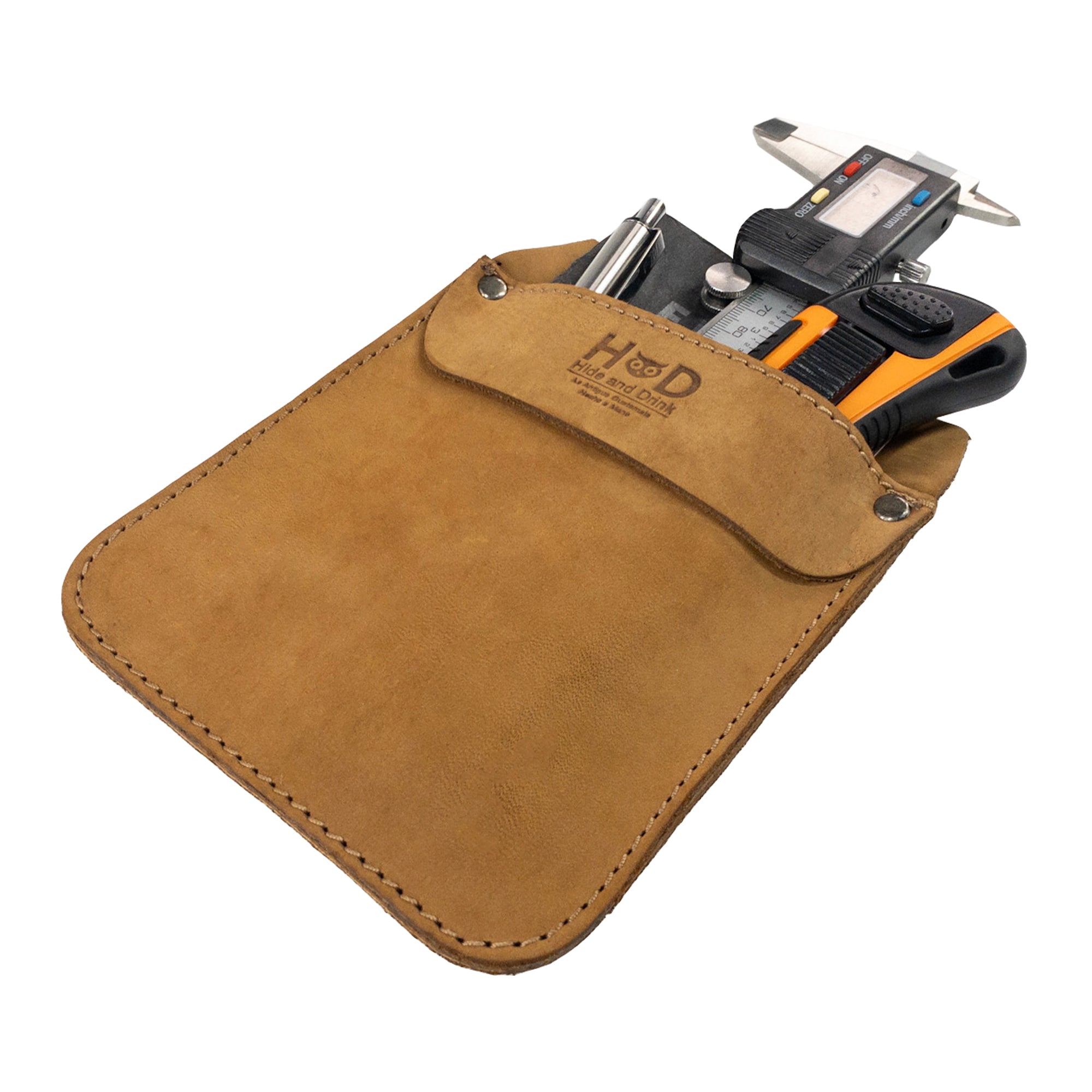 Hide & Drink Leather Work Pocket portrayed flat, revealing its seamless design. Crafted for practical use, this Leather Work Pocket serves as an exceptional Work Pocket Organizer for Tools.