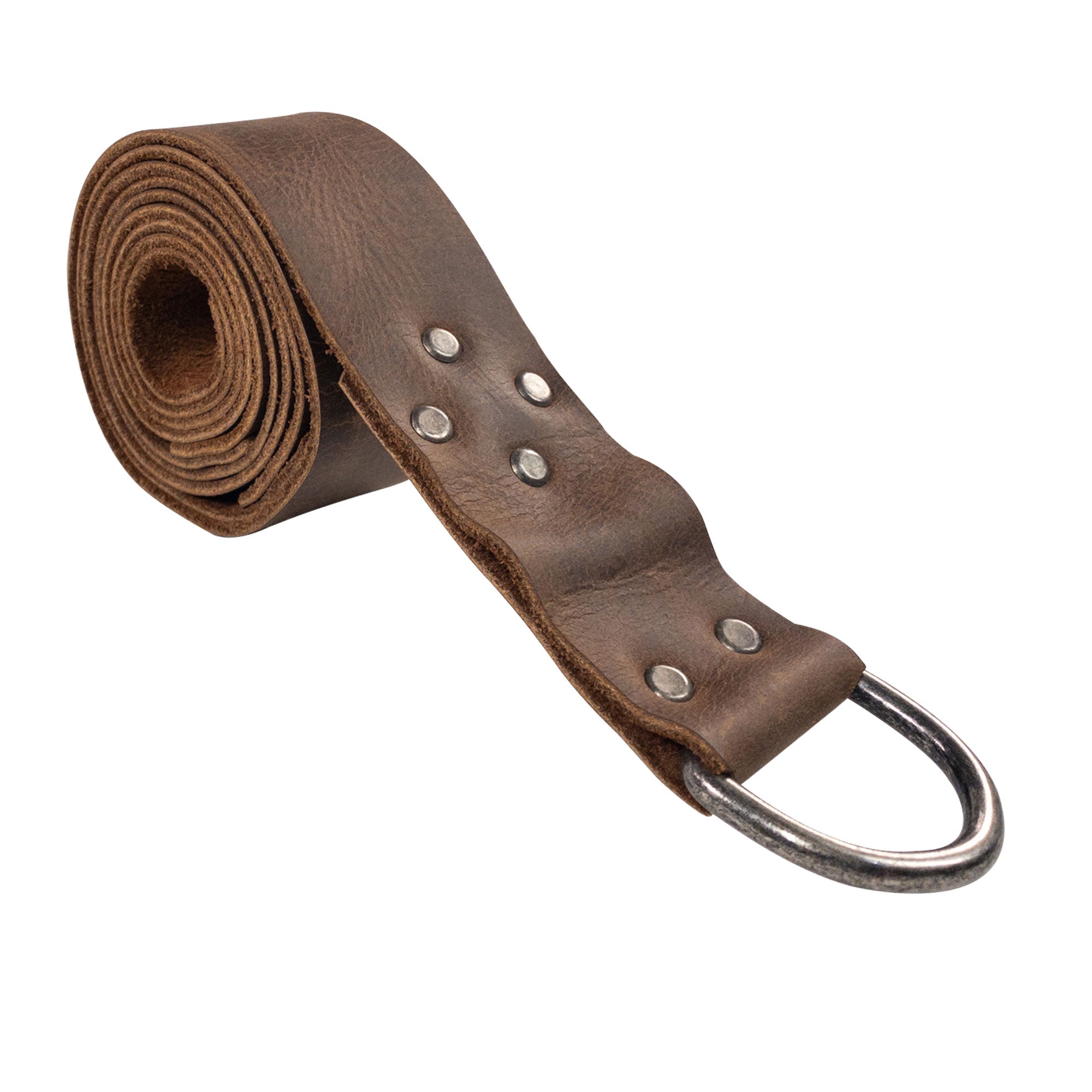 Close-up of the rolled Viking Belt for Men by Valhalla Gear featuring a Half Ring Closure and Full Grain Leather. Ideal for Renaissance settings, this belt showcases the artisan craftsmanship of stockyardX with a fire branded finish, handmade in La Antigua Guatemala & Oaxaca Mexico.