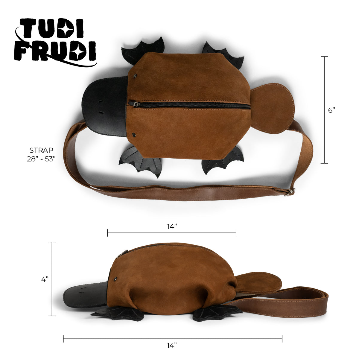 Tudi Frudi Platypurse Crossbody Bag product size guide showing the platypus-shaped Swayze Suede and Full Grain Leather bag, 14-inch length, 6-inch width, 4-inch height, and Adjustable Shoulder Strap, with Messenger Bag, Shoulder Bag, Zippered Sling Bags, Travel Backpack, Purses for Men and Women, and Satchel versatility; StockyardX Small Batch Production, Hand Cut and Hand Sewn Artisan, Fire Branded, Handmade in La Antigua Guatemala & Oaxaca Mexico.