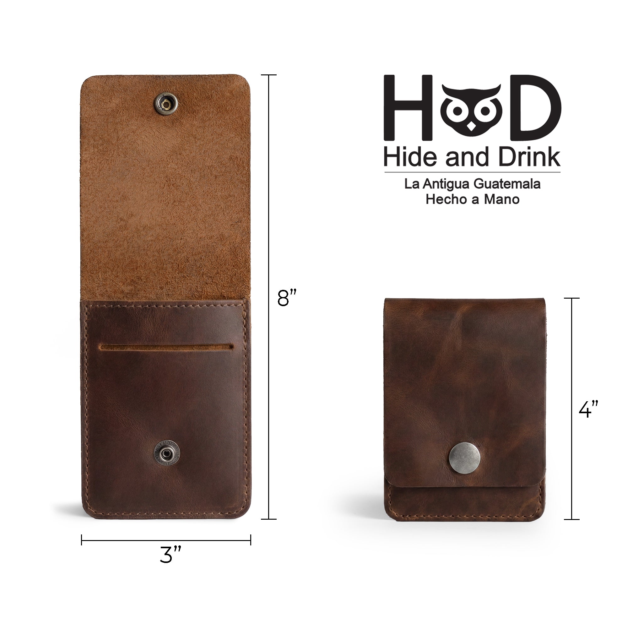 Dimensions view of the Vertical Wallet by Hide & Drink, illustrating its practicality for front pockets. This Vertical Front Pocket Wallet with Card Slot provides compact storage for bills and is a stylish card holder, crafted from full grain leather using small batch production methods with hand cut and hand sewn elements, fire branded by artisans. Handmade in La Antigua Guatemala & Oaxaca Mexico.