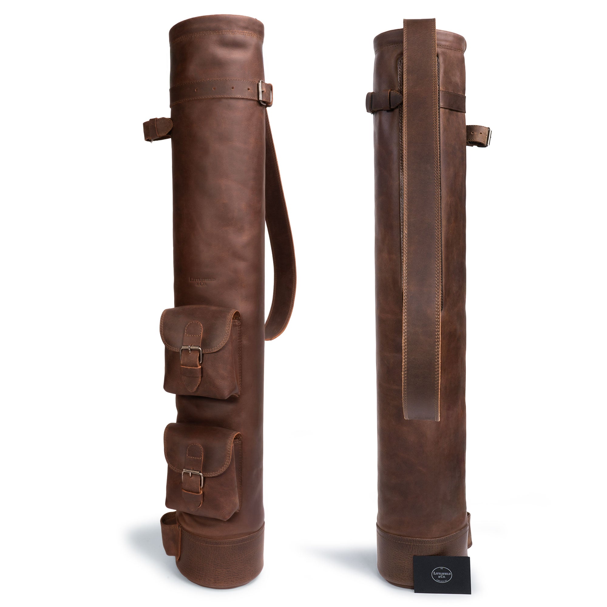 Presentation of the Vintage Sunday Carry Golf Bag from Littlefield & Co., illustrating its sleek design and practical features. Perfect as a Men's Basic Bag for Golf Clubs, it doubles as a Lightweight Caddie Golfing Gear option for those who love the sport. Made from exquisite full grain leather, this artisan creation is handmade in La Antigua Guatemala & Oaxaca Mexico, proudly representing StockyardX.