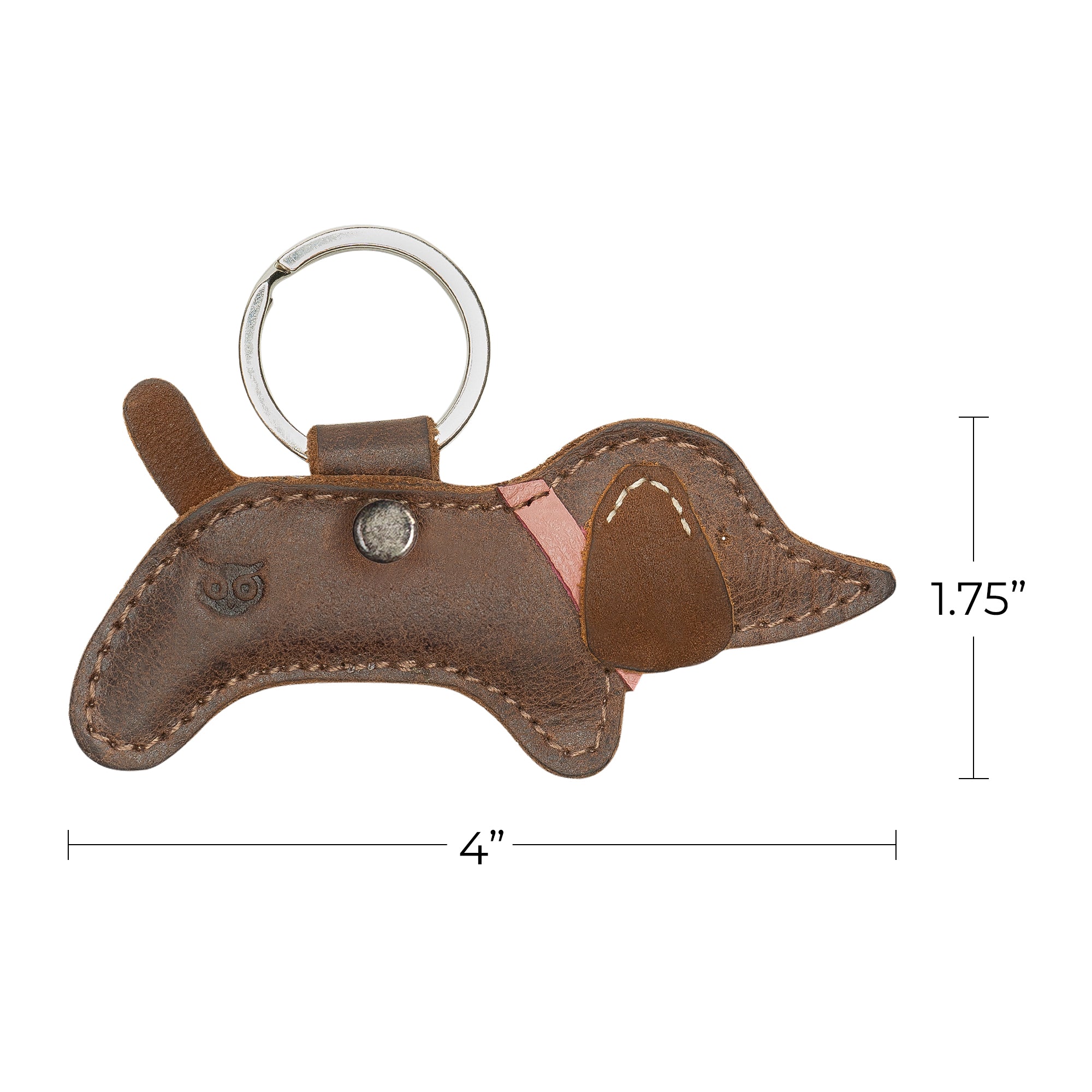 Dimensions of the dog Critter Key Chain by Hide & Drink, emphasizing its compact design. This Animal Key Ring Holder made from Full Grain Leather is ideal for stylish key organization. Artisan crafted in La Antigua Guatemala & Oaxaca Mexico.