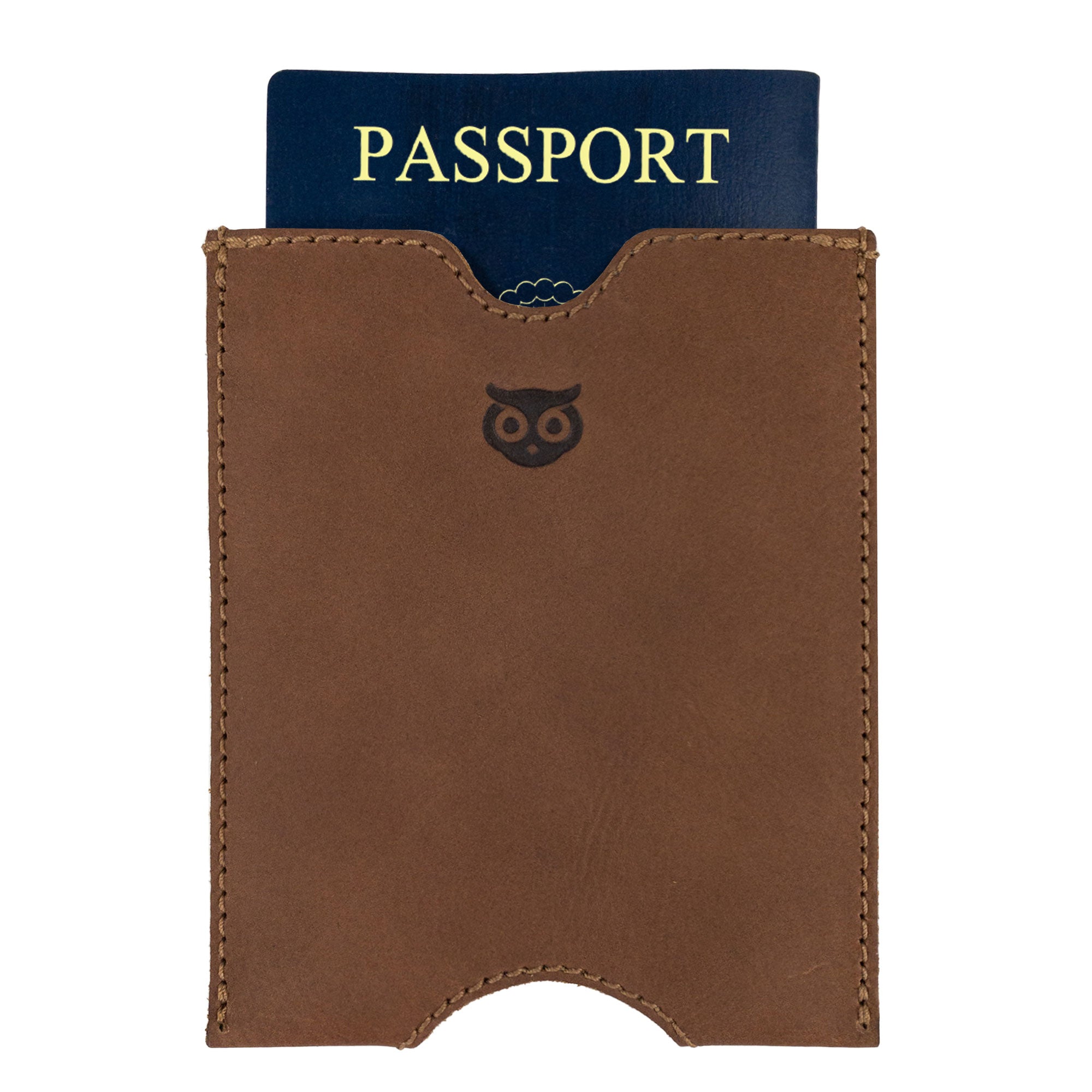 Hide & Drink Passport Sleeve holding a U.S. passport, illustrating its elegant fit and design. This artisan-crafted travel passport pocket sleeve is made from full grain leather for a classic travel accessory. Features tags: Travel Passport Pocket Sleeve, Full Grain Leather, StockyardX, Small Batch Production, Hand Cut, Hand Sewn, Fire Branded, Artisan, Handmade in La Antigua Guatemala & Oaxaca Mexico.