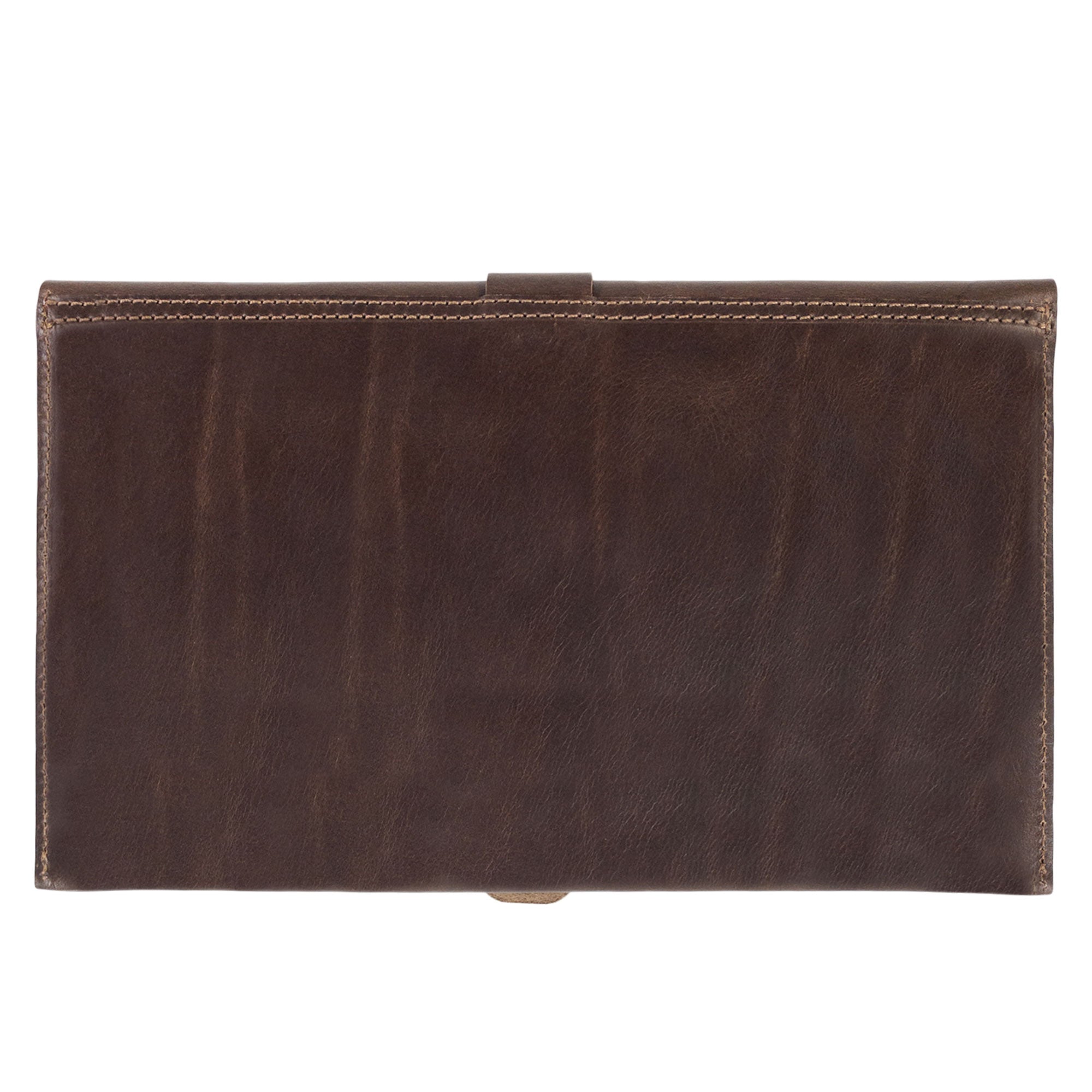 Dimensions comparison of La Antigua's Rectangular Case for Notebook with size indicators. This protective cover fits an 8.25 x 5 in. notebook and showcases a classic sleeve style crafted from full grain leather. Ideal for travel, it embodies the artisan quality of handmade products from La Antigua Guatemala, emphasizing its hand cut and hand sewn details.