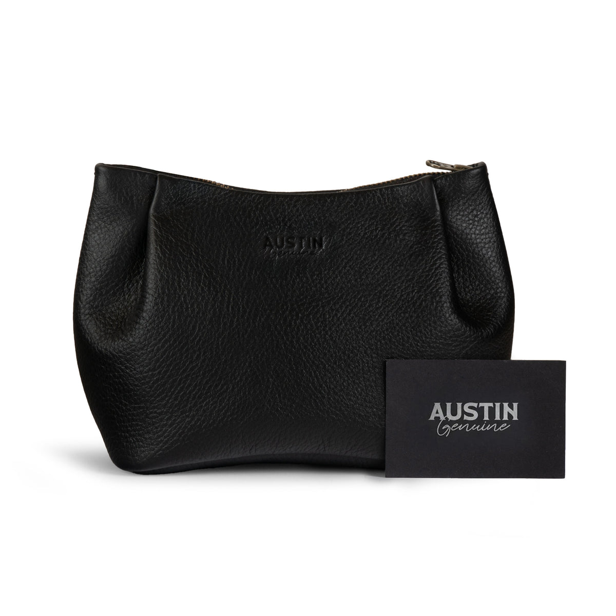 Austin Genuine The Kinney Beauty Bag displayed with size measurements and Austin Genuine branding, featuring The Kinney Beauty Bag Full Grain Leather, StockyardX, Small Batch Production, Hand Cut, Hand Sewn, Fire Branded, Artisan, Handmade in La Antigua Guatemala & Oaxaca Mexico construction.