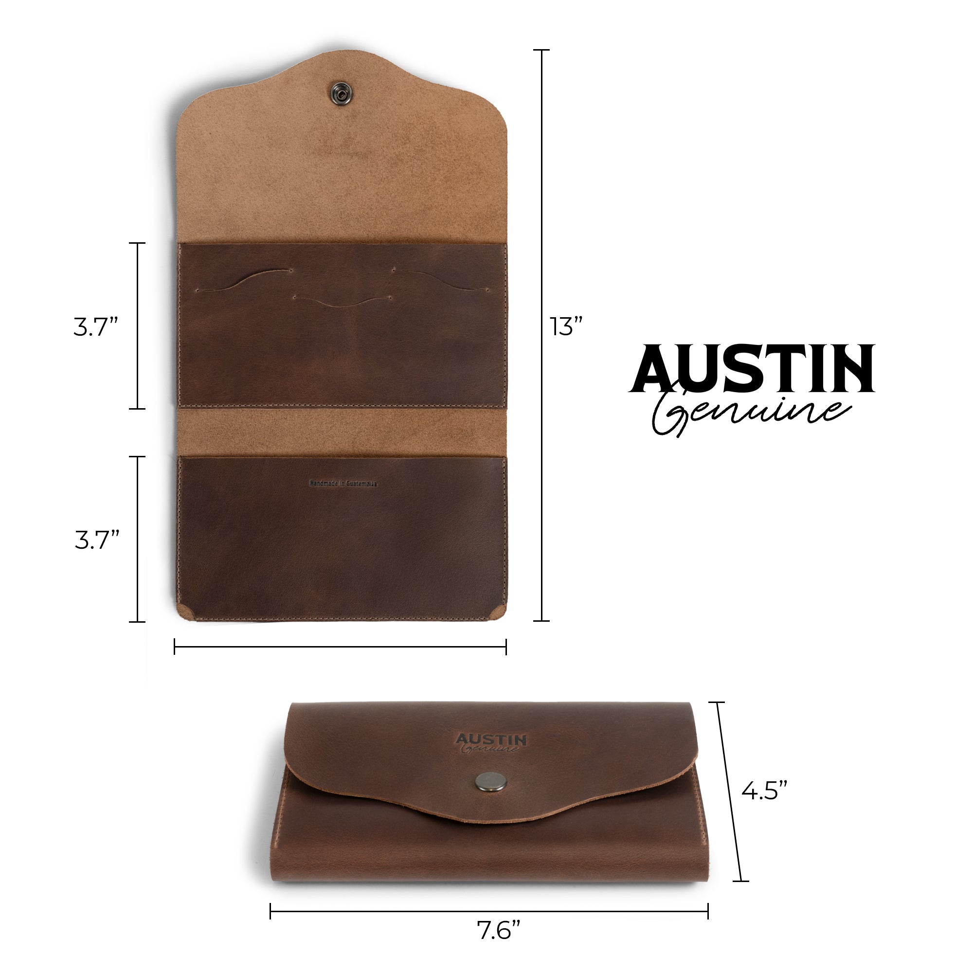 Dimensions and design features of The Violet Long Wallet by Austin Genuine, capturing the elegance of this full grain leather piece. Proudly made through StockyardX's small batch production, showcasing hand cut and hand sewn craftsmanship by artisans from La Antigua Guatemala & Oaxaca Mexico.