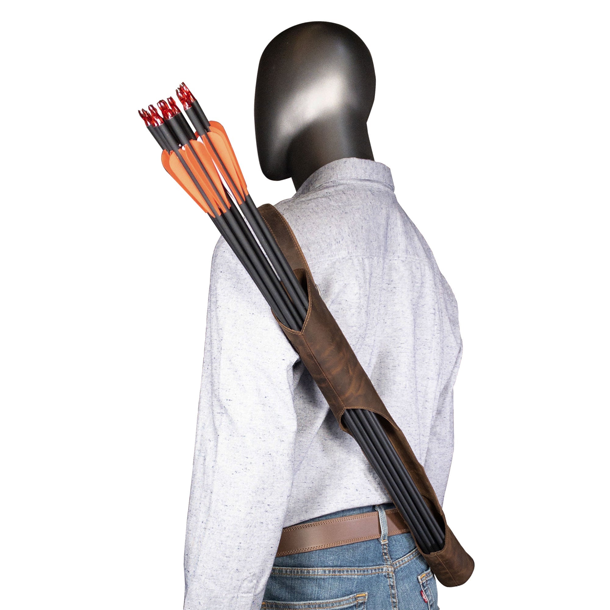Valhalla Gear Opened Quiver shown from behind, displaying the adjustable strap and Full Grain Leather material. This Opened Back Quiver with Adjustable Strap is an example of Small Batch Production, crafted through Hand Cut, Hand Sewn, and Fire Branded techniques by artisans. Handmade in La Antigua Guatemala & Oaxaca Mexico.