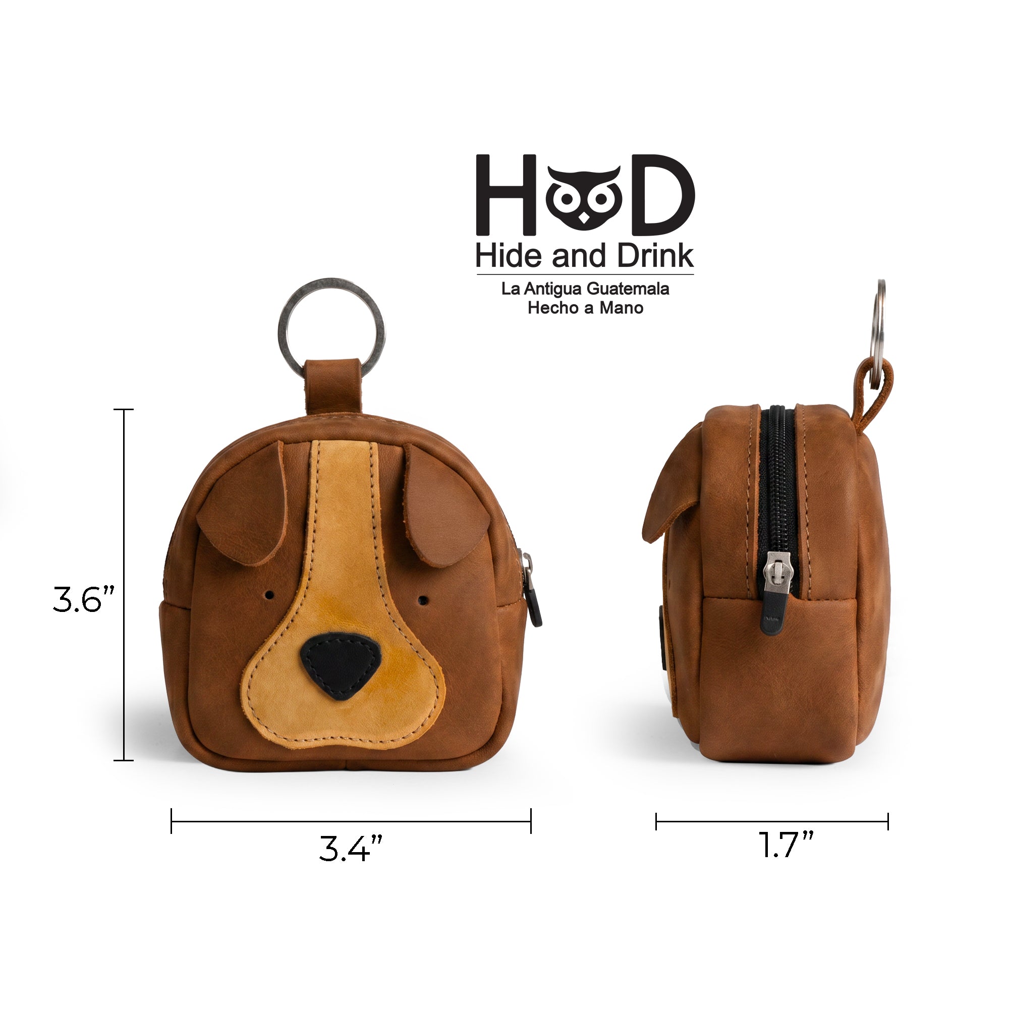 A side-by-side view of The Pouty Pup Mini Pack by Hide & Drink highlights its compact size and charming dog design, perfect for carrying as a mini belt pouch or SD card holder. Handmade from quality suede leather in La Antigua Guatemala, this piece represents unique small batch production.