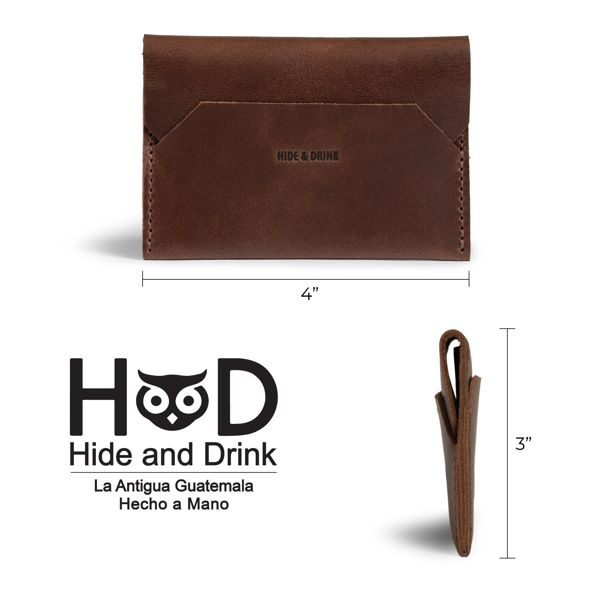 Product dimensions of the Enfold Card Wallet by Hide & Drink, showcasing its practical design as a leather card wallet. This slim design fits comfortably in the front pocket, serving as a compact credit card holder for men and a minimalist thin business card organizer, with space for cash storage. High-quality full grain leather reflects small batch production, being hand cut and hand sewn, complete with fire branding, representing artisan work from La Antigua Guatemala and Oaxaca Mexico.