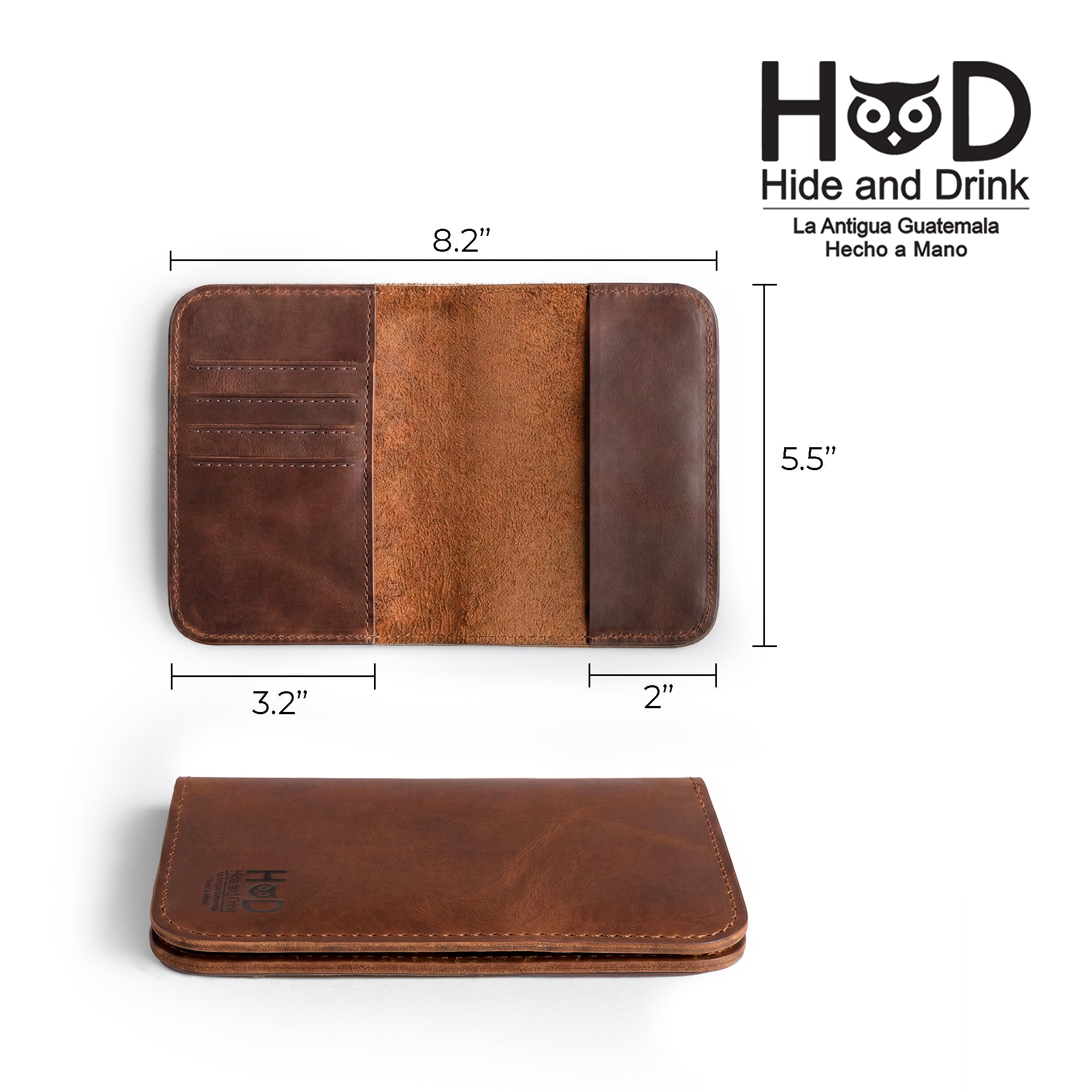 Front view of the Hide & Drink Travel Wallet featuring a sleek design. This artisan-crafted travel wallet is a bifold passport case and money holder made in La Antigua Guatemala.
