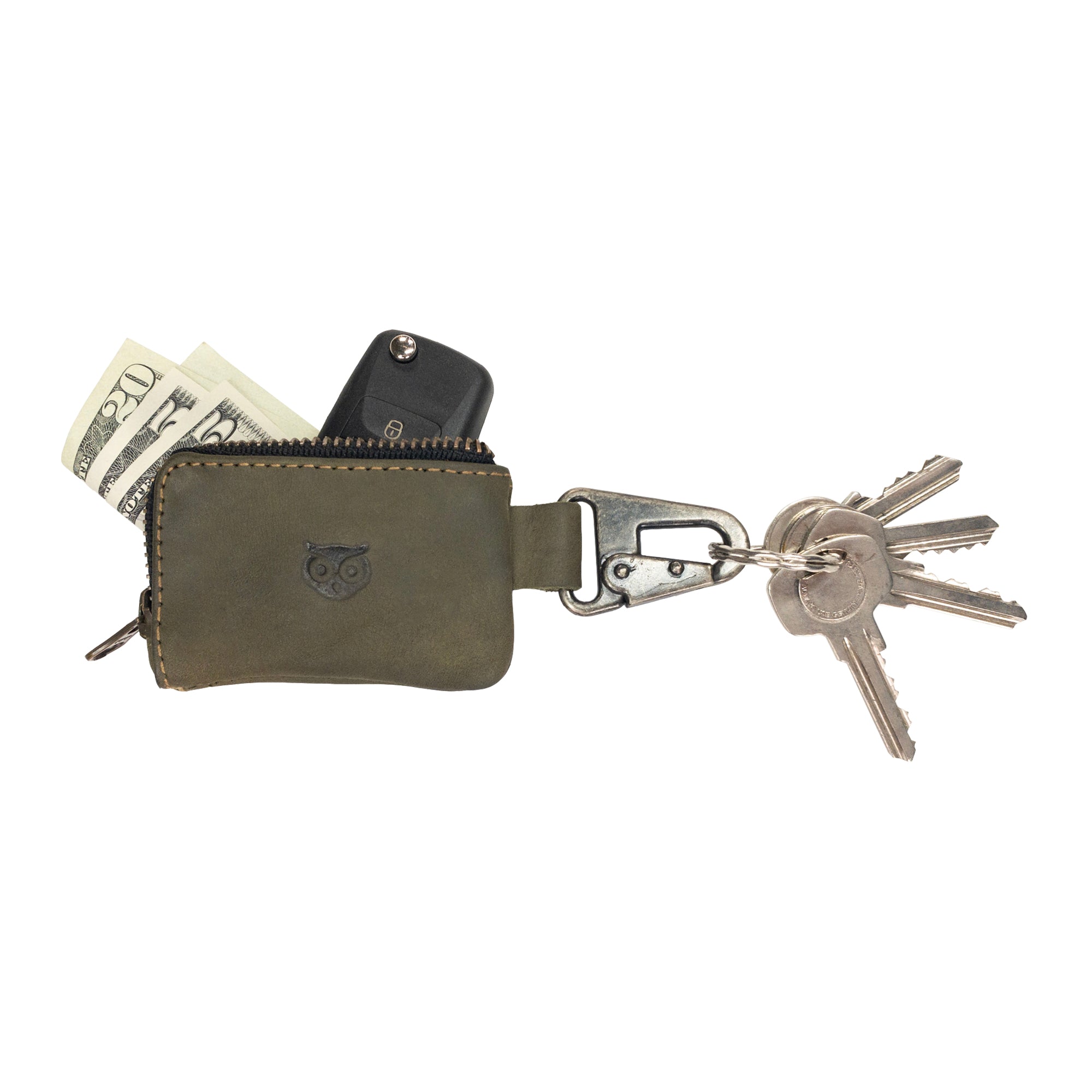 Hide & Drink Car Key Holder in olive green, holding keys and cash, illustrating its design for convenient storage of charging cables and memory cards, secured with a reliable Nickel Metal Clasp. StockyardX, Small Batch Production, Hand Cut, Hand Sewn, Fire Branded, Artisan, Handmade in La Antigua Guatemala & Oaxaca Mexico.