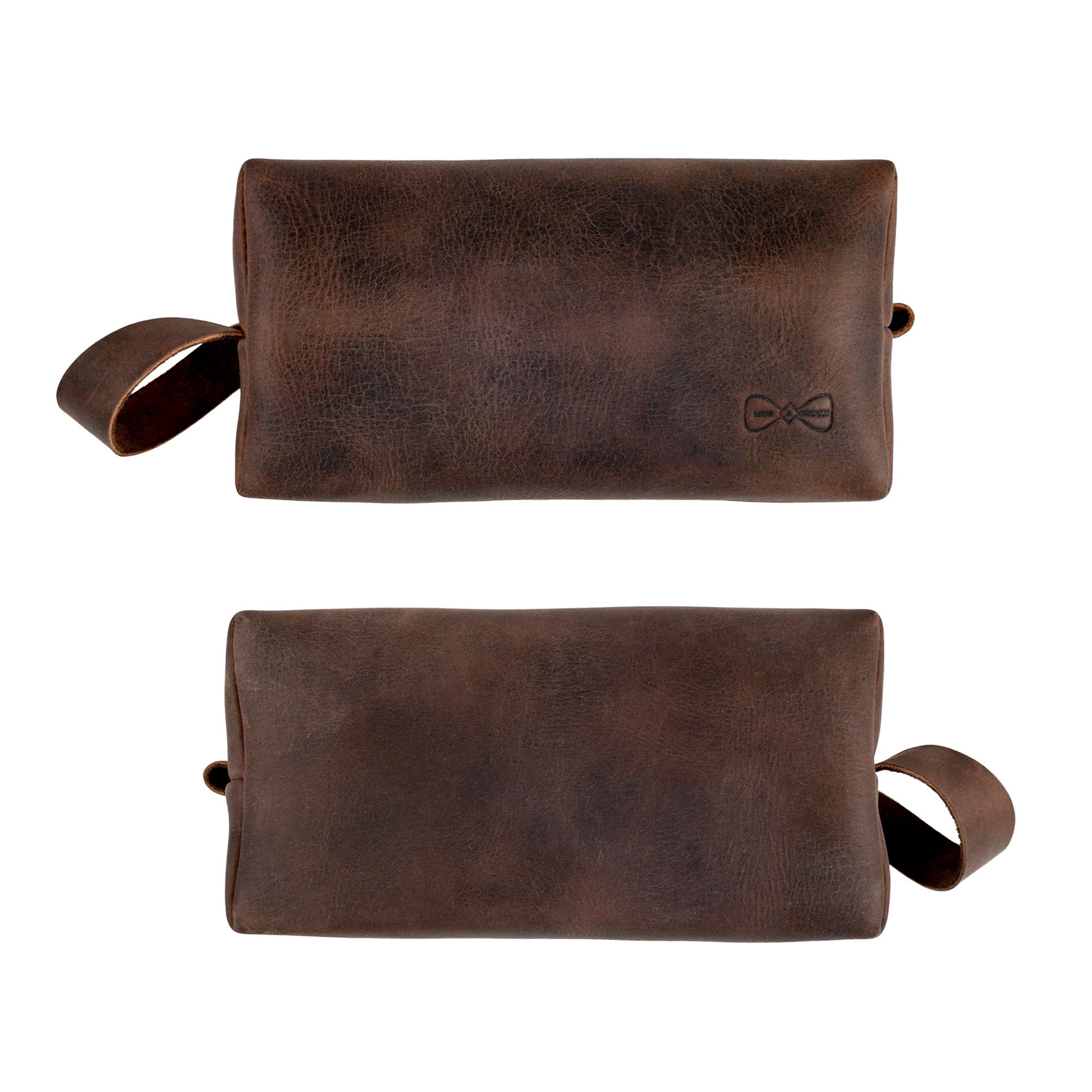 The top and bottom views of Hide & Groom's rustic toiletry bag for groomsmen, emphasizing its sleek design and durability. Made from high-quality full grain leather, this handmade bathroom bag is ideal for best men and artisan crafted in La Antigua Guatemala.