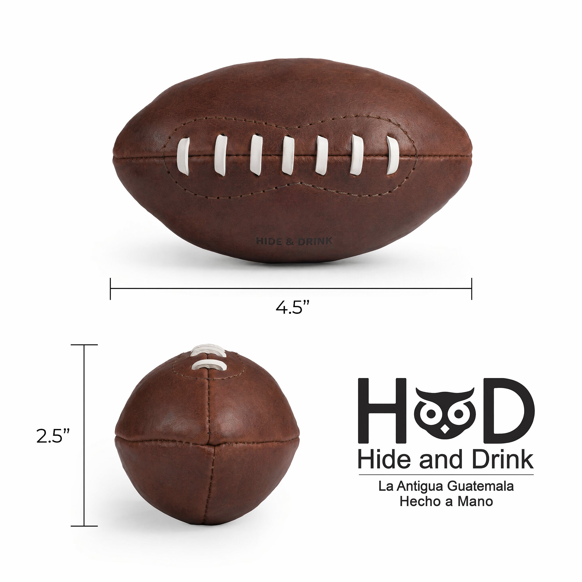A Mini American Football by Hide & Drink, displayed with its measuring dimensions. Crafted with care from full grain leather, this hand cut ball is part of an artisan collection, ideal for decoration, keepsake, or sports memorabilia.