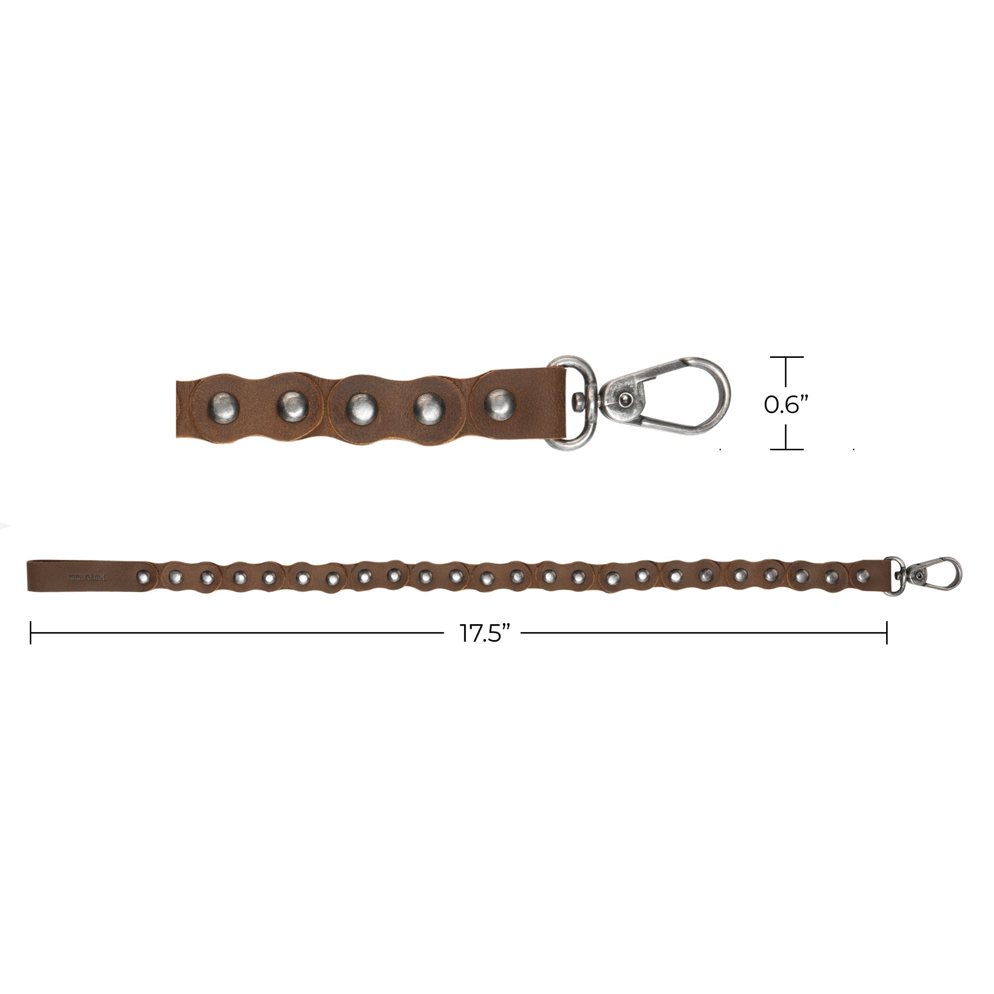 Detailed dimensions of the Biker Chain by Hide & Ride, illustrating its length and width. This full grain leather trouser chain is not just a wallet chain or jeans pocket chain, but a stylish belt accessory for bikers. Handcrafted and fire branded by artisans, it represents the quality of small batch production in La Antigua Guatemala & Oaxaca Mexico.